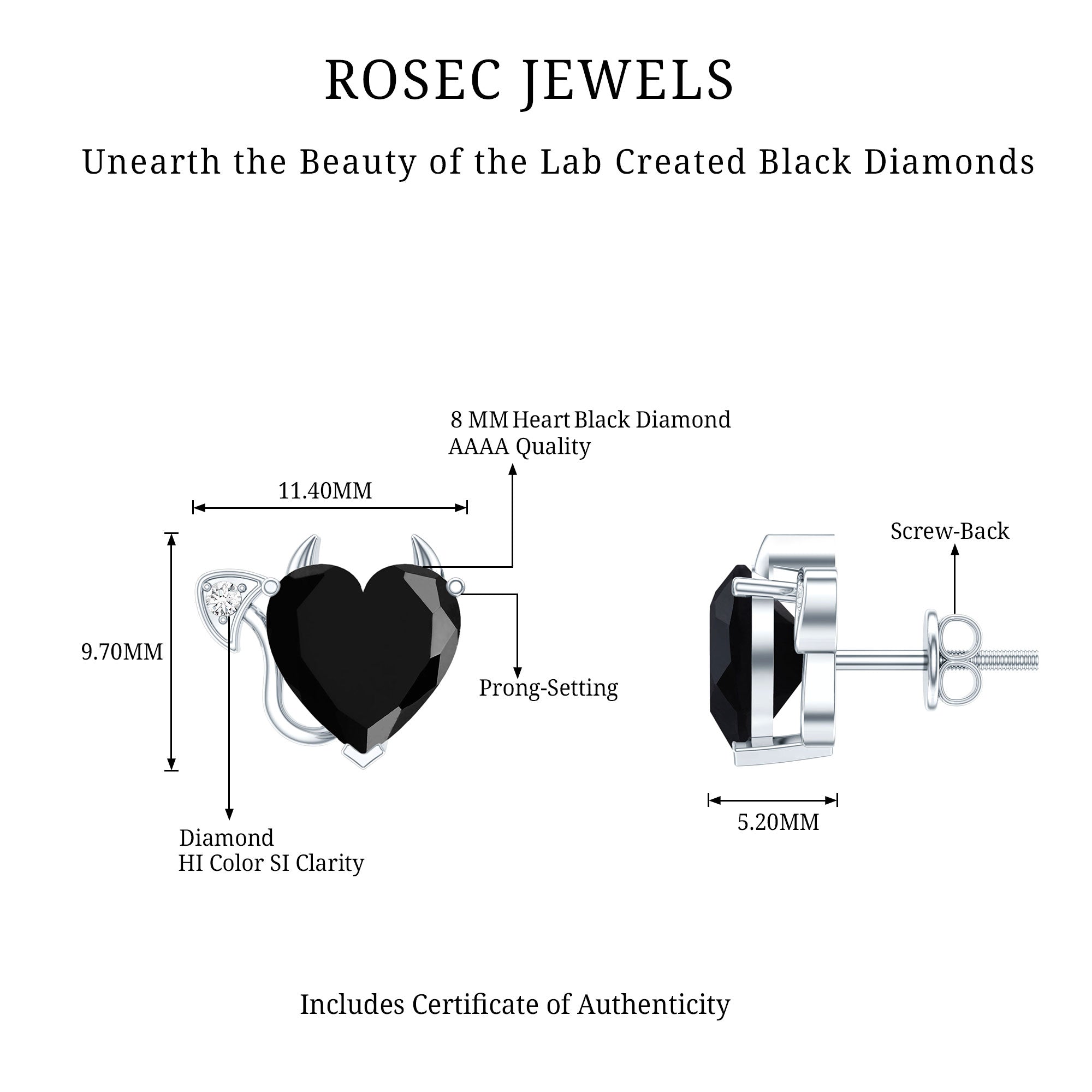 Certified Lab Grown Black Diamond Gothic Stud Earrings with Diamond AAAA ( Synthetic ) - Rosec Jewels