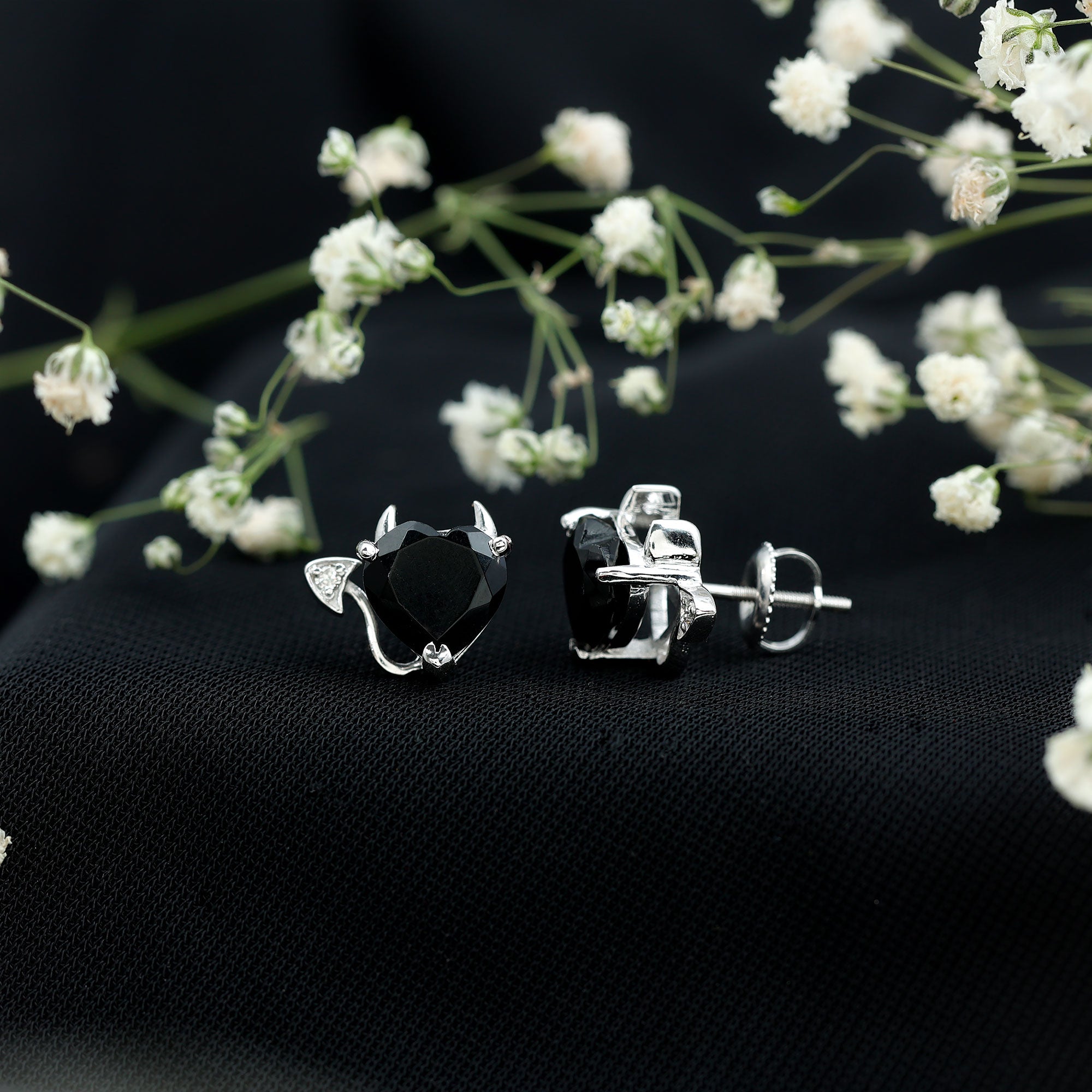 Certified Lab Grown Black Diamond Gothic Stud Earrings with Diamond AAAA ( Synthetic ) - Rosec Jewels
