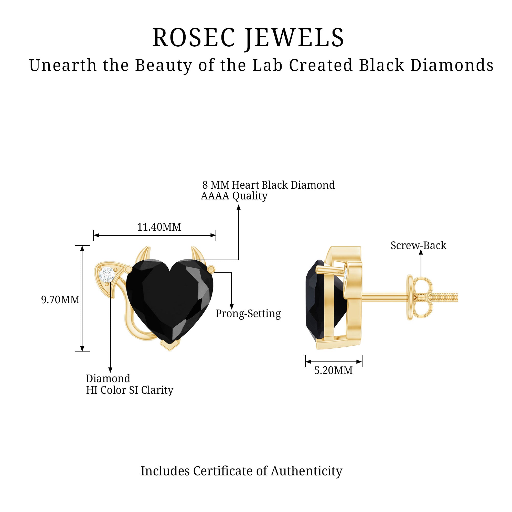 Certified Lab Grown Black Diamond Gothic Stud Earrings with Diamond AAAA ( Synthetic ) - Rosec Jewels