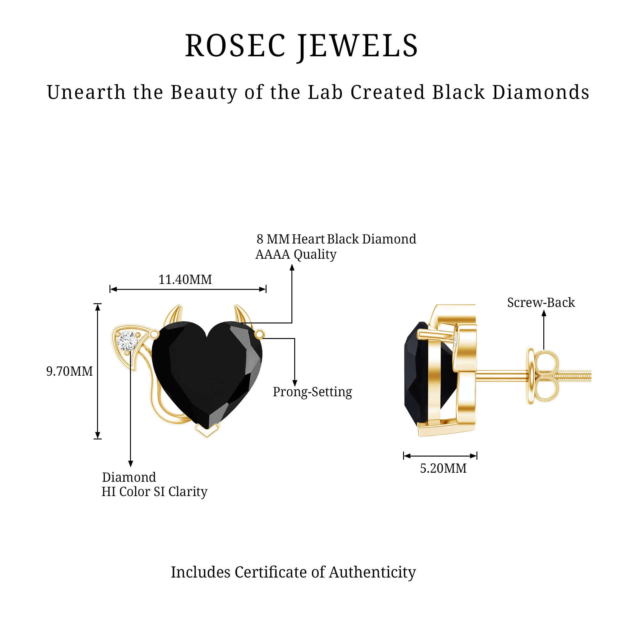 Certified Lab Grown Black Diamond Gothic Stud Earrings with Diamond AAAA ( Synthetic ) - Rosec Jewels