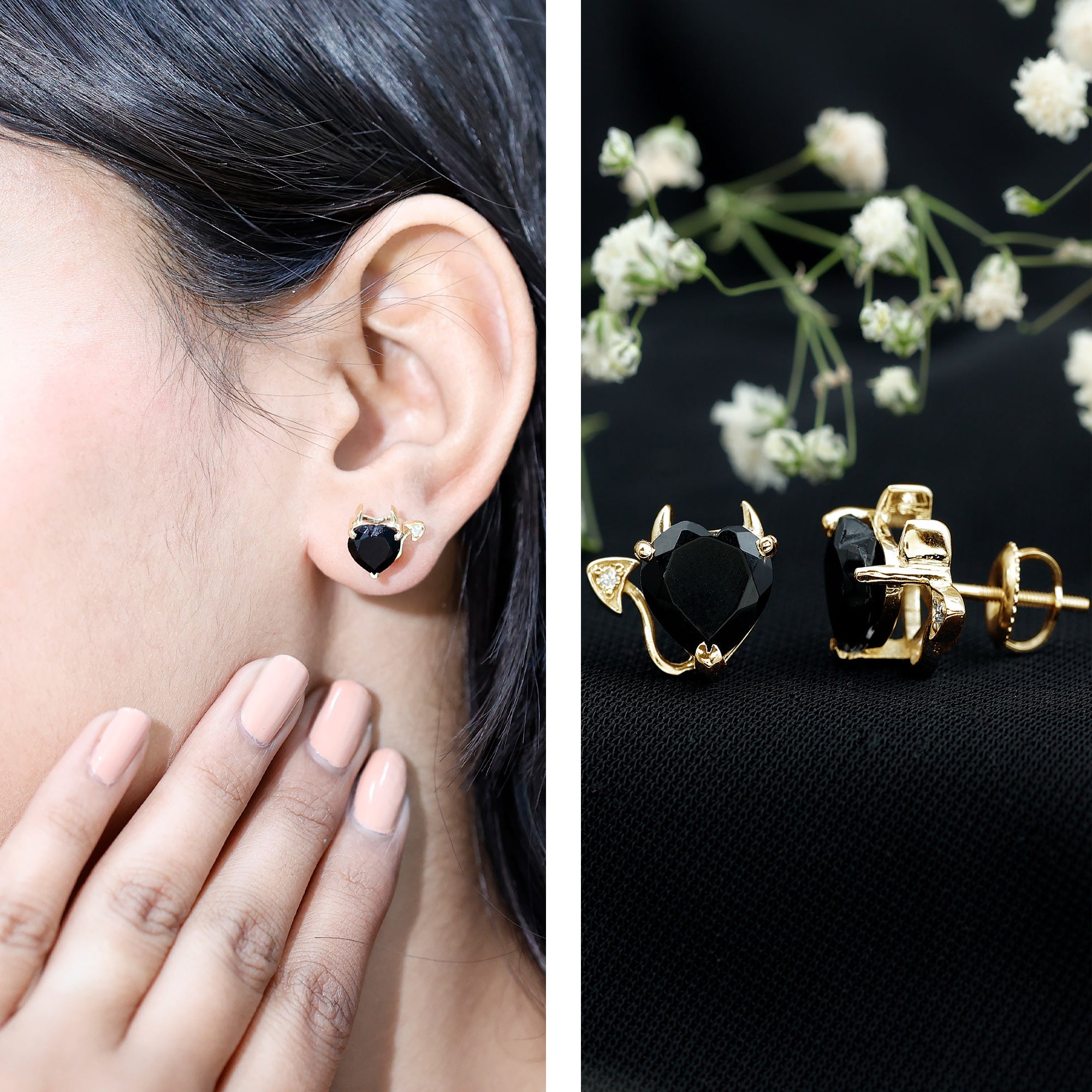Certified Lab Grown Black Diamond Gothic Stud Earrings with Diamond AAAA ( Synthetic ) - Rosec Jewels