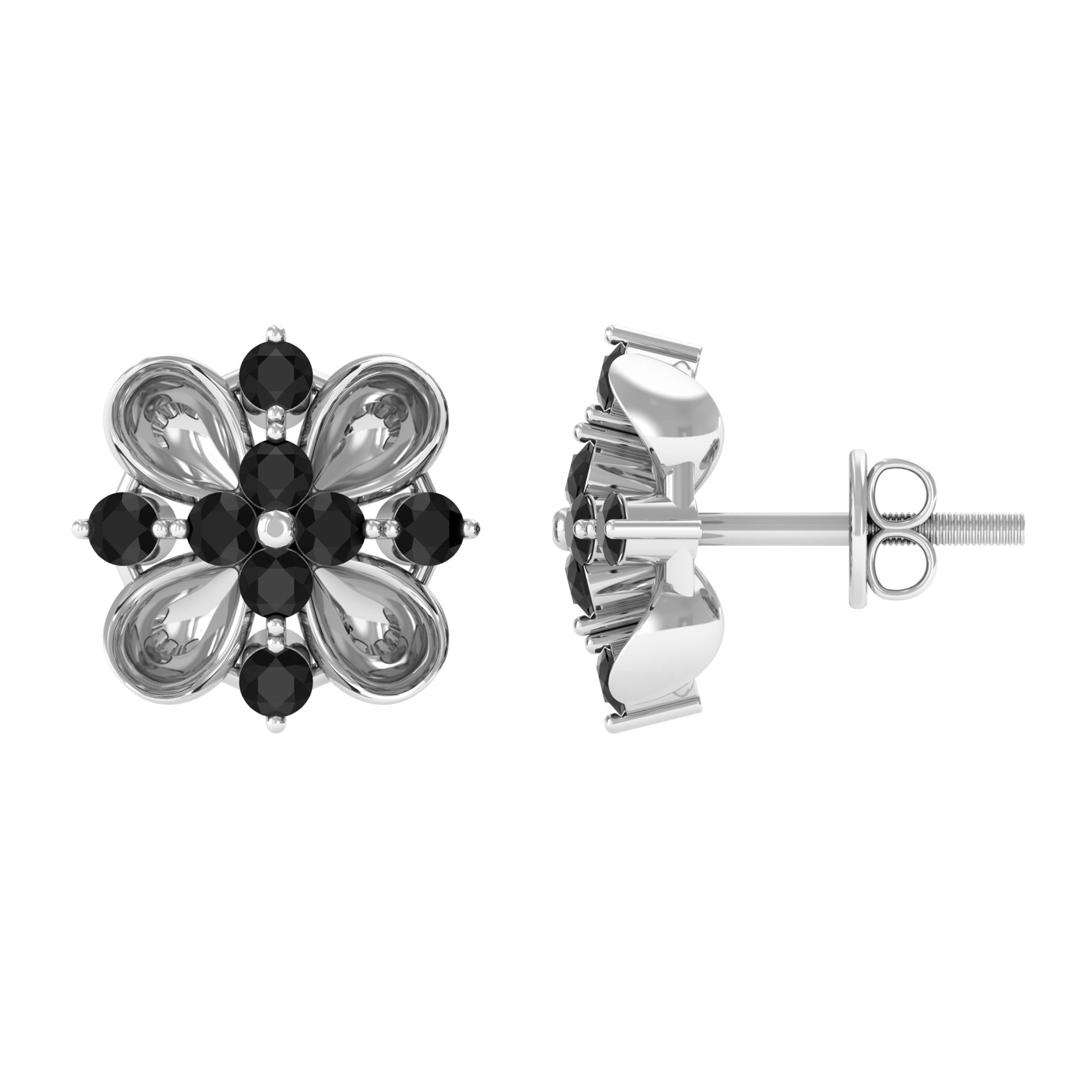 Lab Grown Black Diamond Cluster Floral Stud Earrings