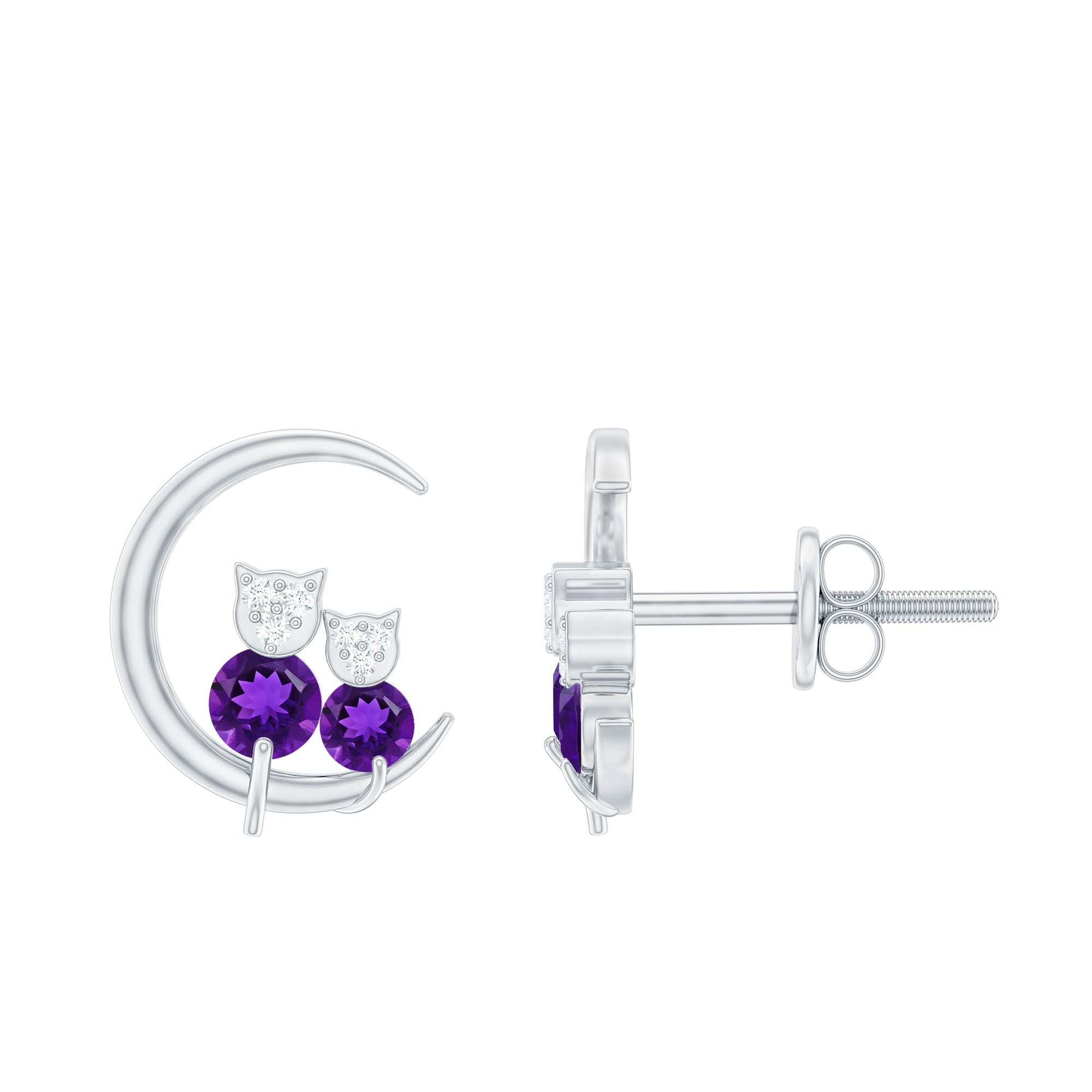 Natural Amethyst and Diamond Cat on Moon Stud Earrings