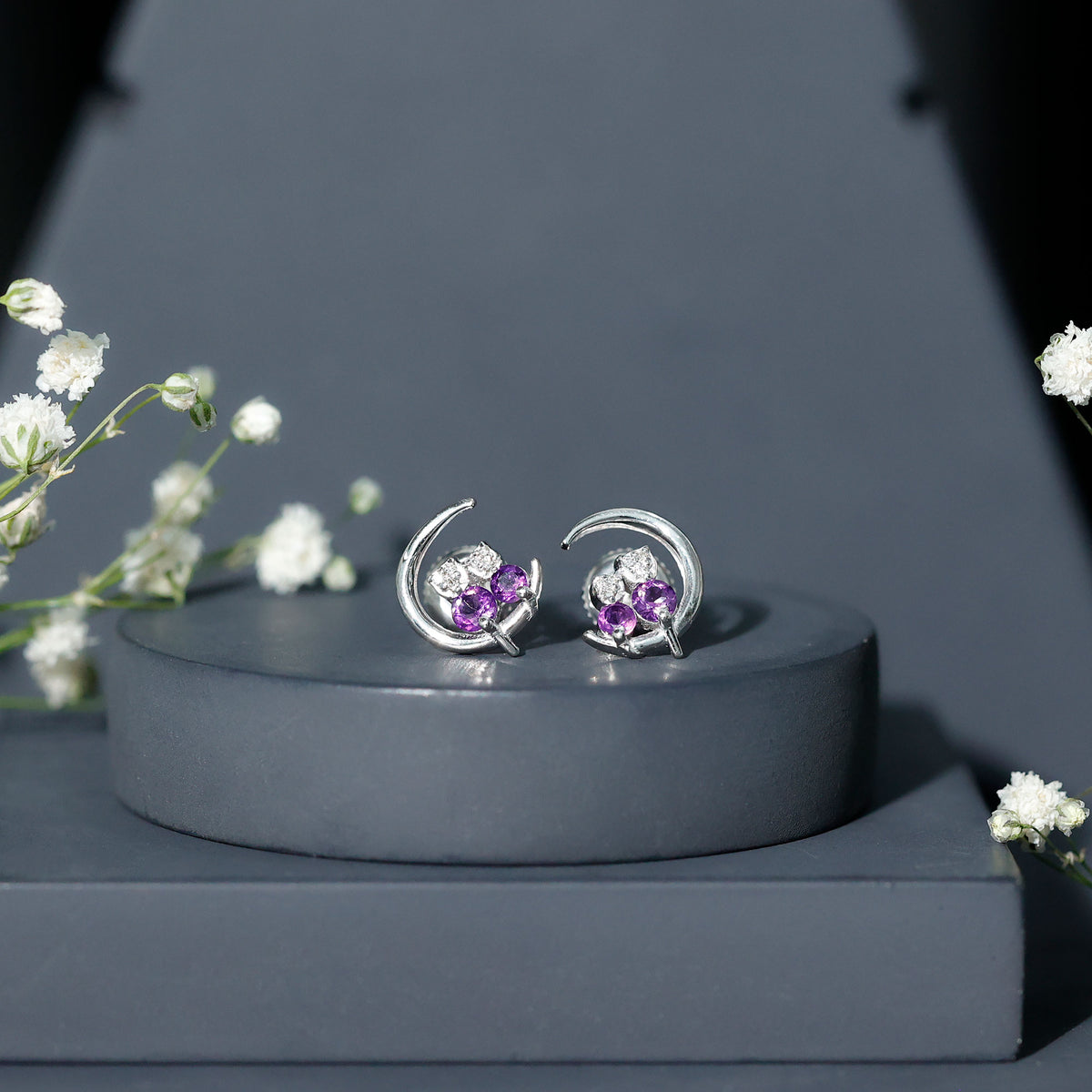 Natural Amethyst and Diamond Cat on Moon Stud Earrings AAA - Rosec Jewels