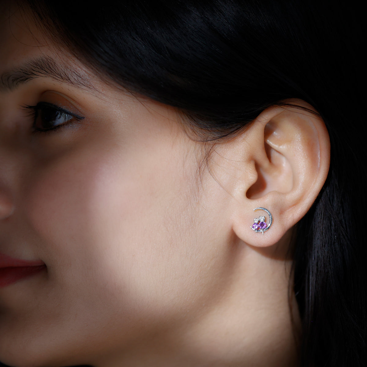 Natural Amethyst and Diamond Cat on Moon Stud Earrings AAA - Rosec Jewels