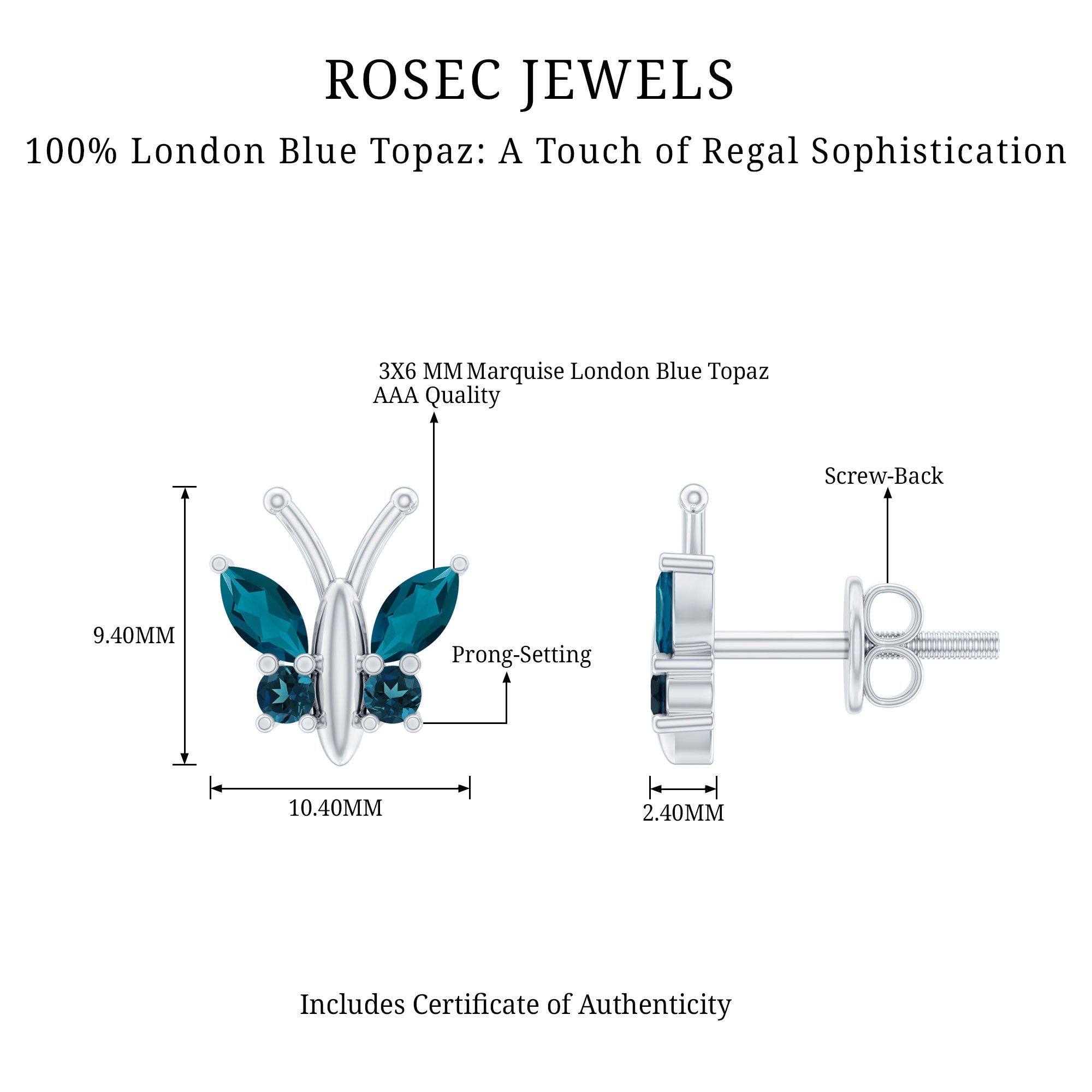 Butterfly Stud Earrings with London Blue Topaz AAA - Rosec Jewels