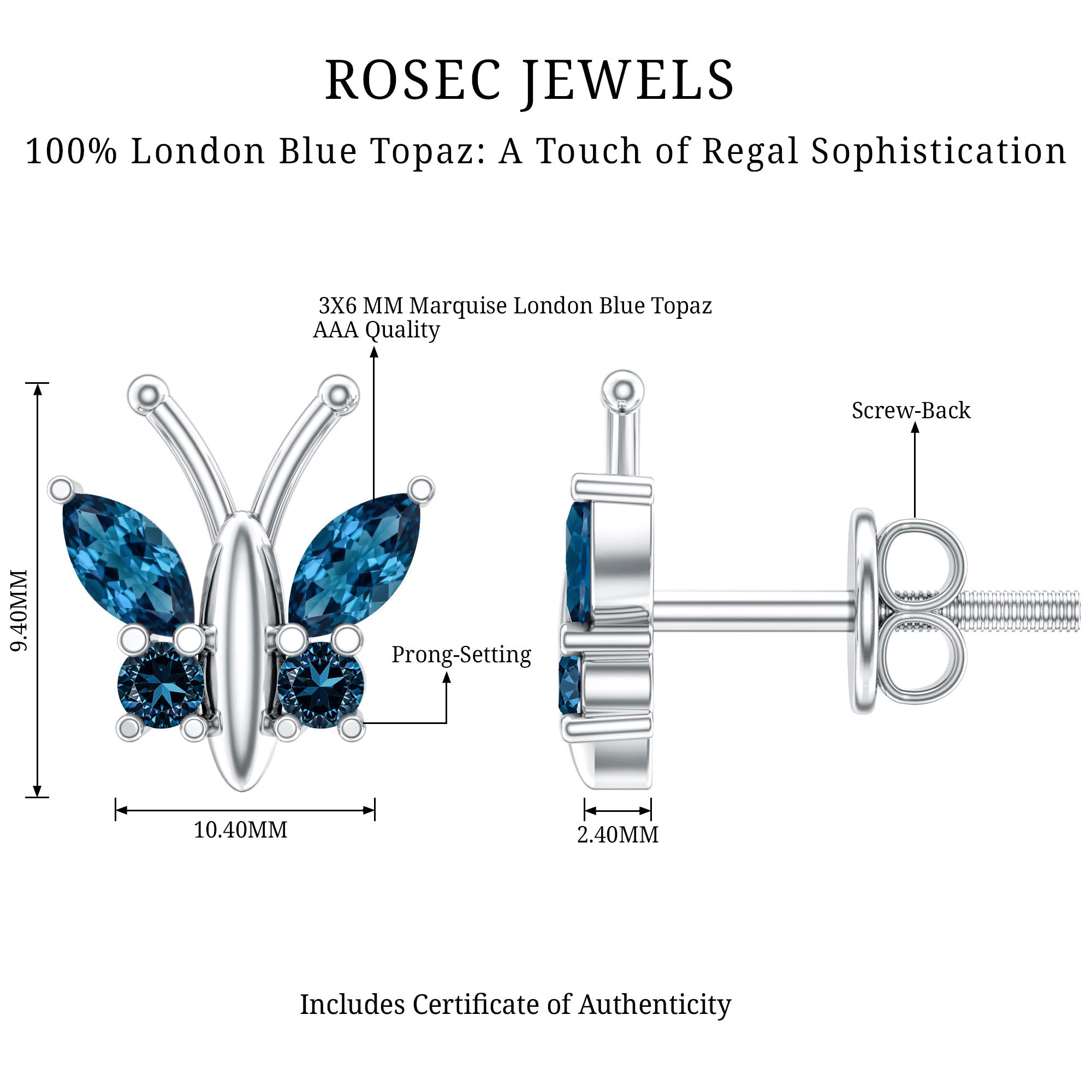 Butterfly Stud Earrings with London Blue Topaz AAA - Rosec Jewels