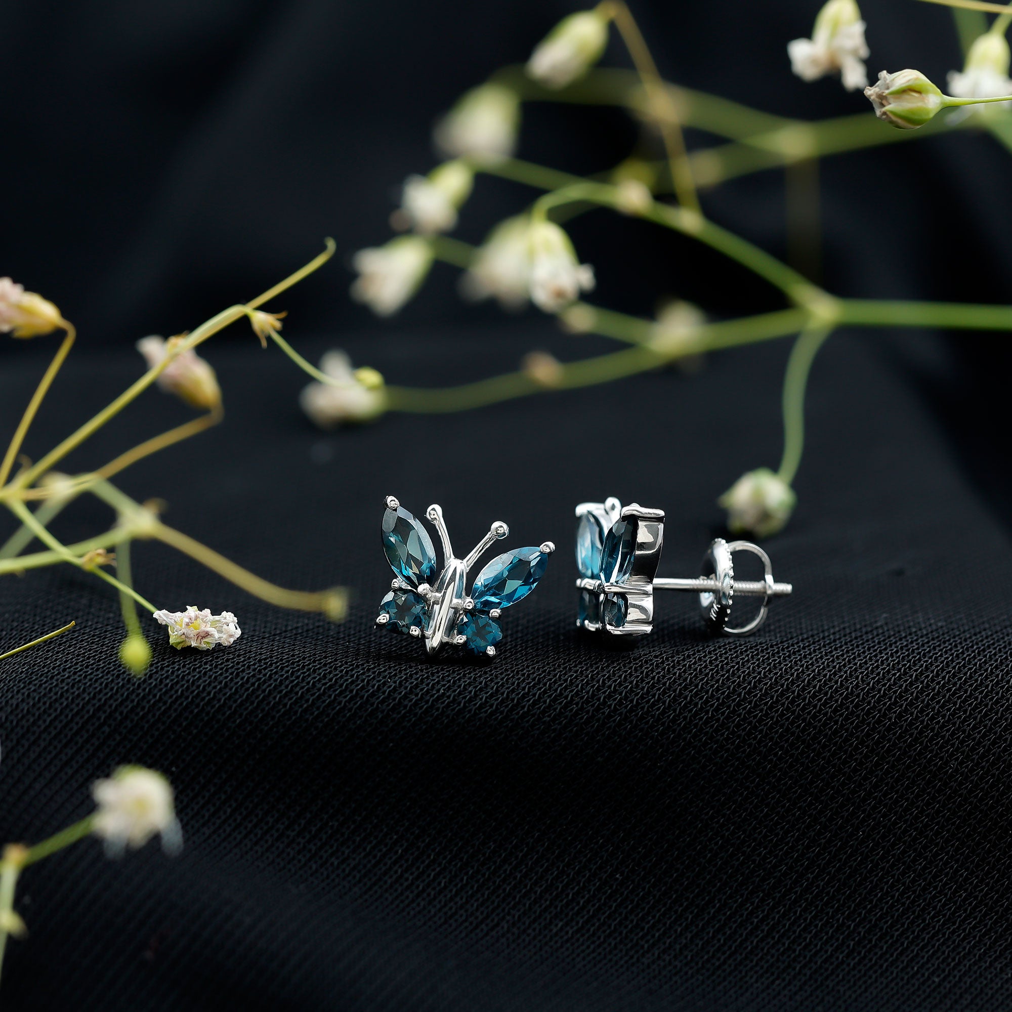Butterfly Stud Earrings with London Blue Topaz AAA - Rosec Jewels