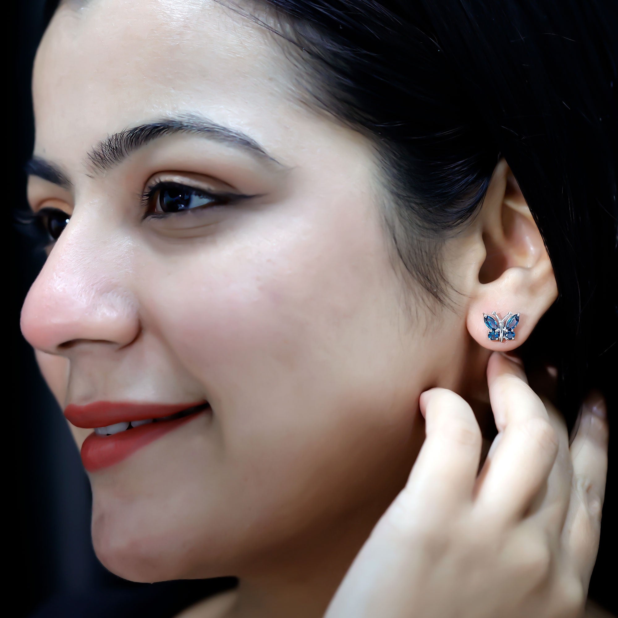 Butterfly Stud Earrings with London Blue Topaz AAA - Rosec Jewels