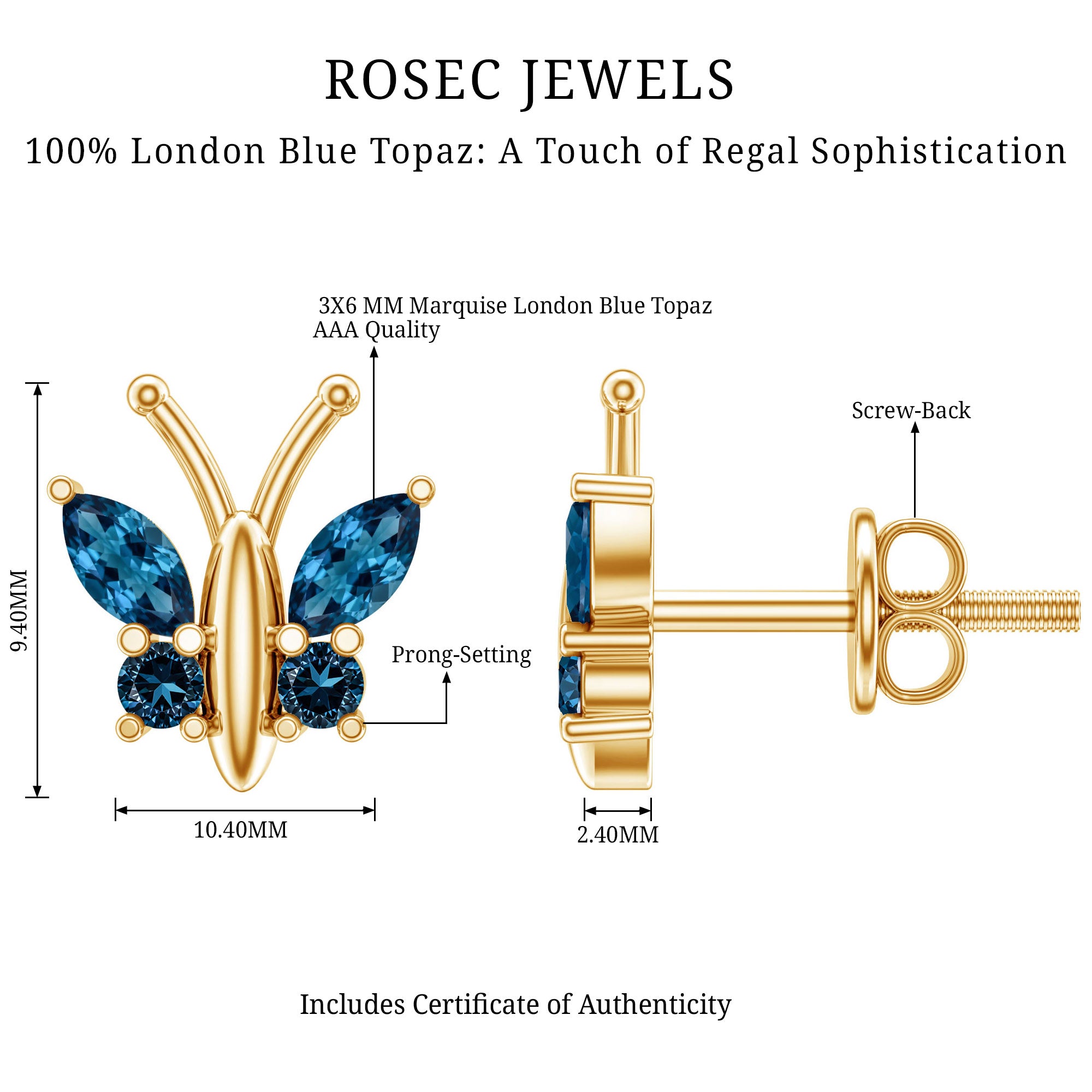Butterfly Stud Earrings with London Blue Topaz AAA - Rosec Jewels