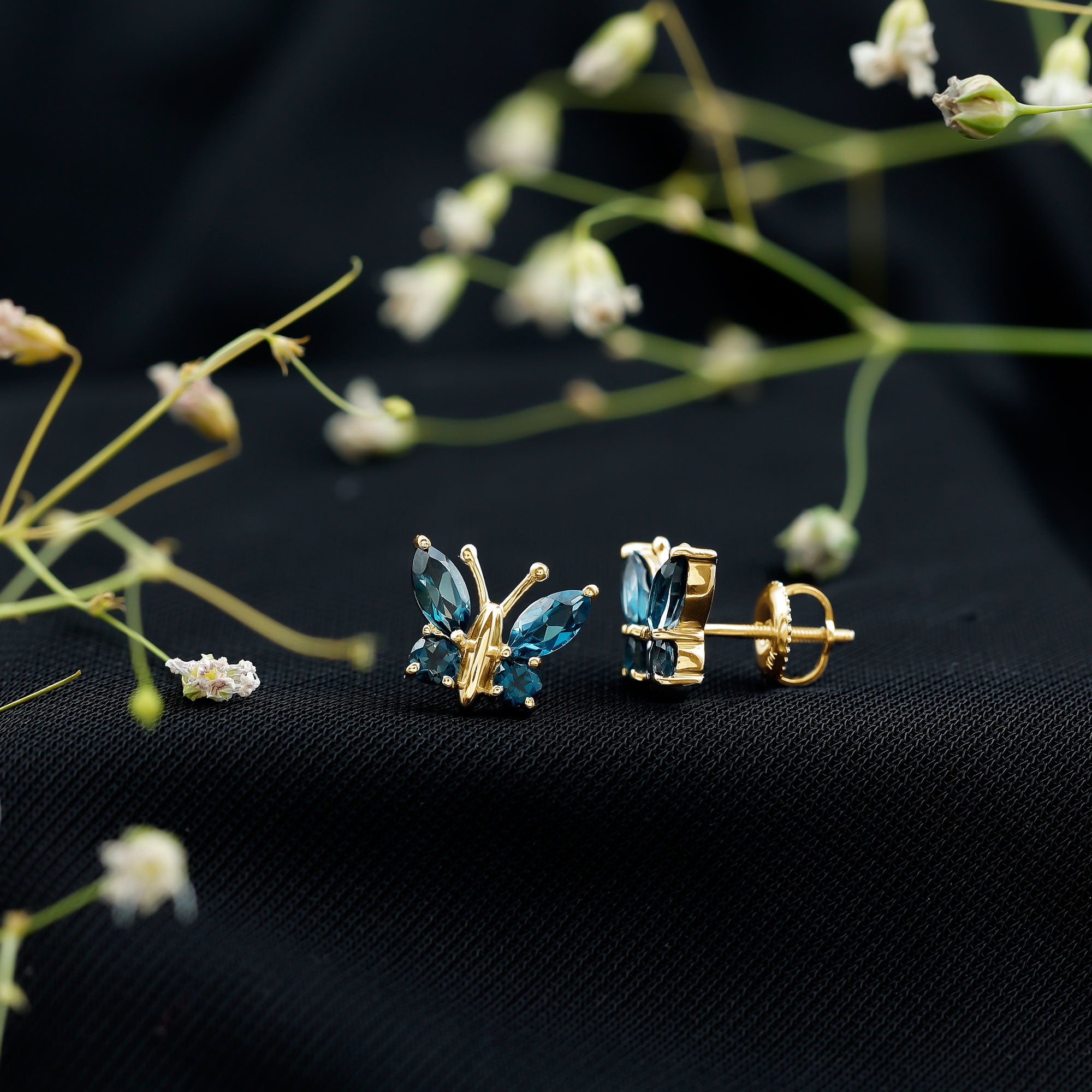 Butterfly Stud Earrings with London Blue Topaz AAA - Rosec Jewels