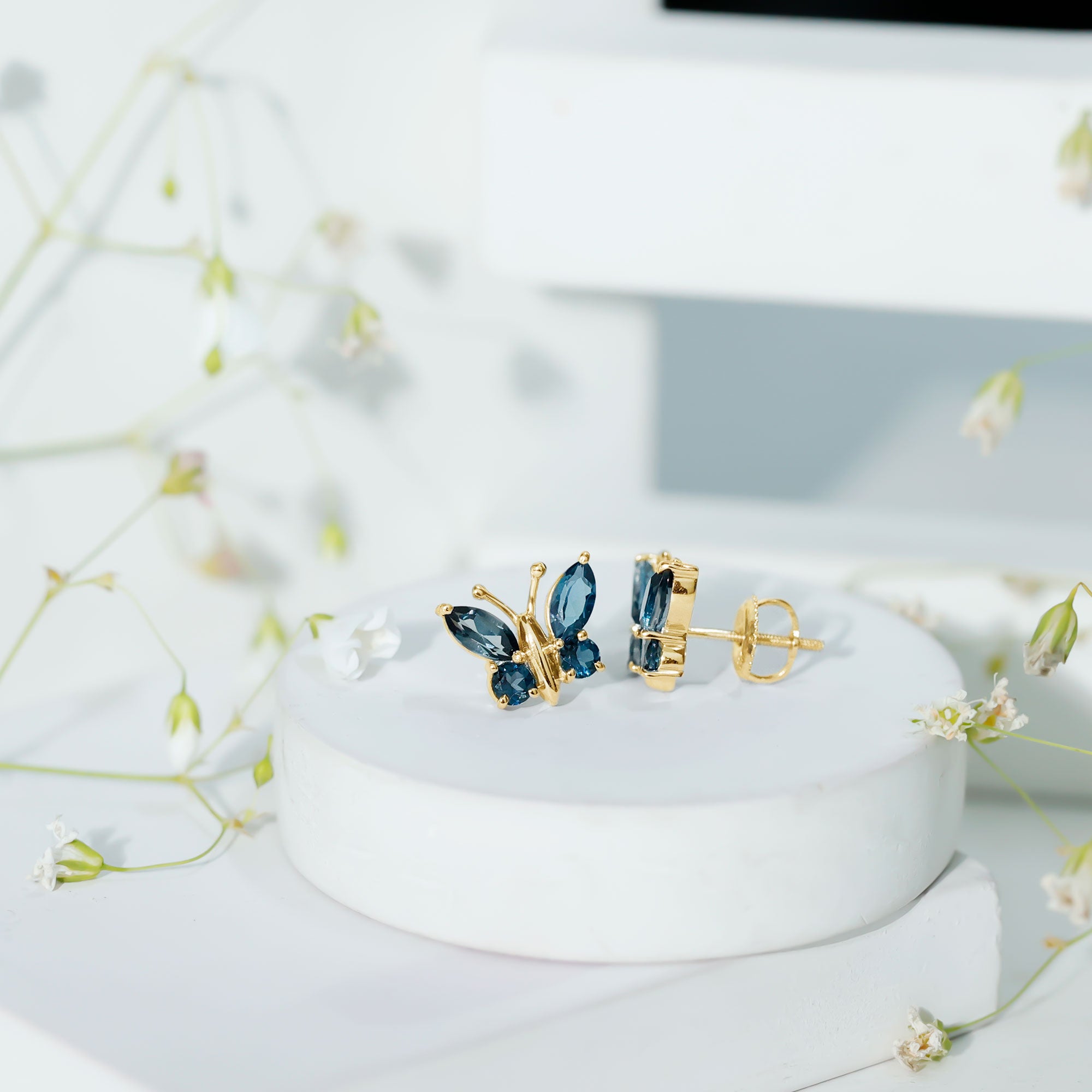 Butterfly Stud Earrings with London Blue Topaz AAA - Rosec Jewels