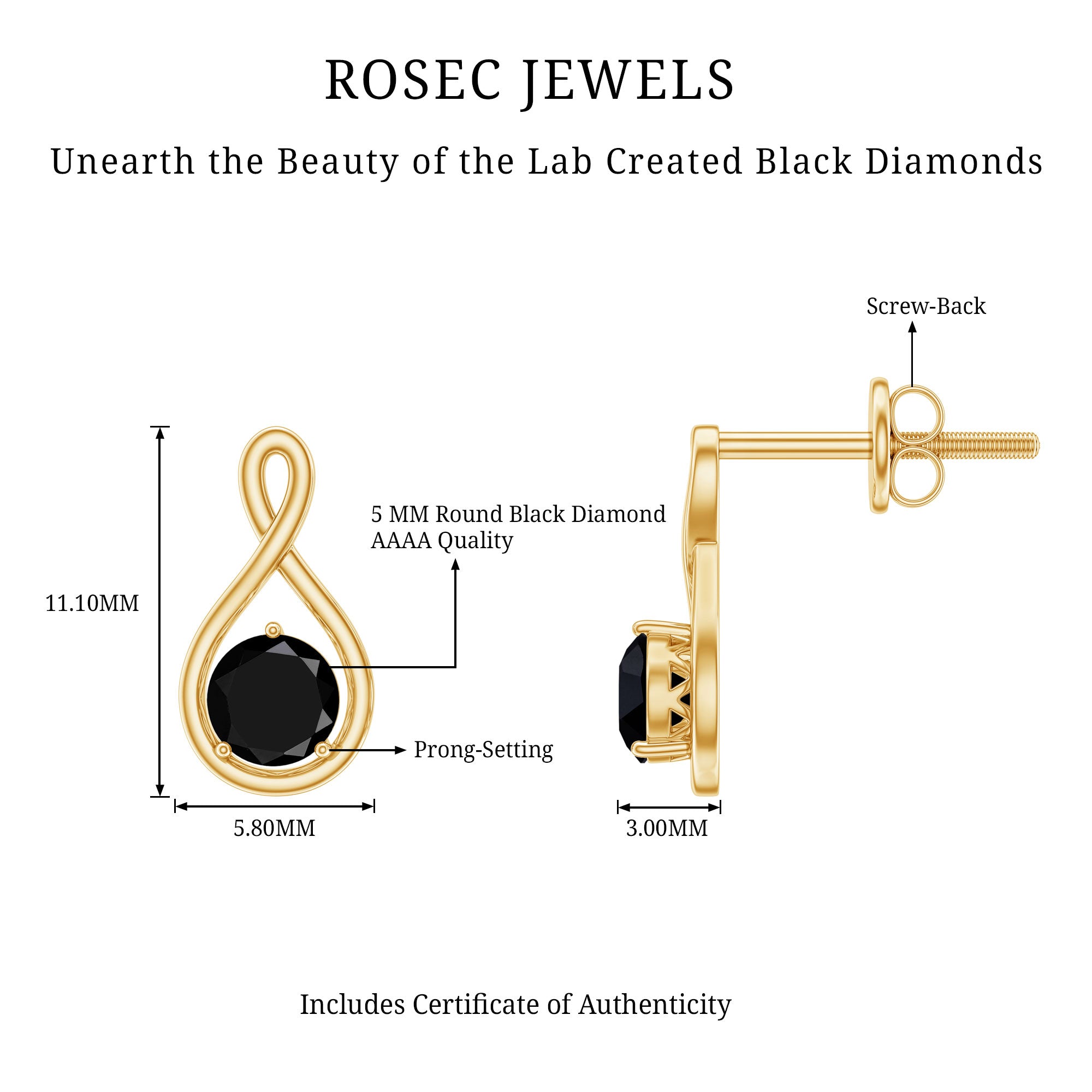 1.6 Carat Solitaire Lab Created Black Diamond Infinity Stud Earrings AAAA ( Synthetic ) - Rosec Jewels