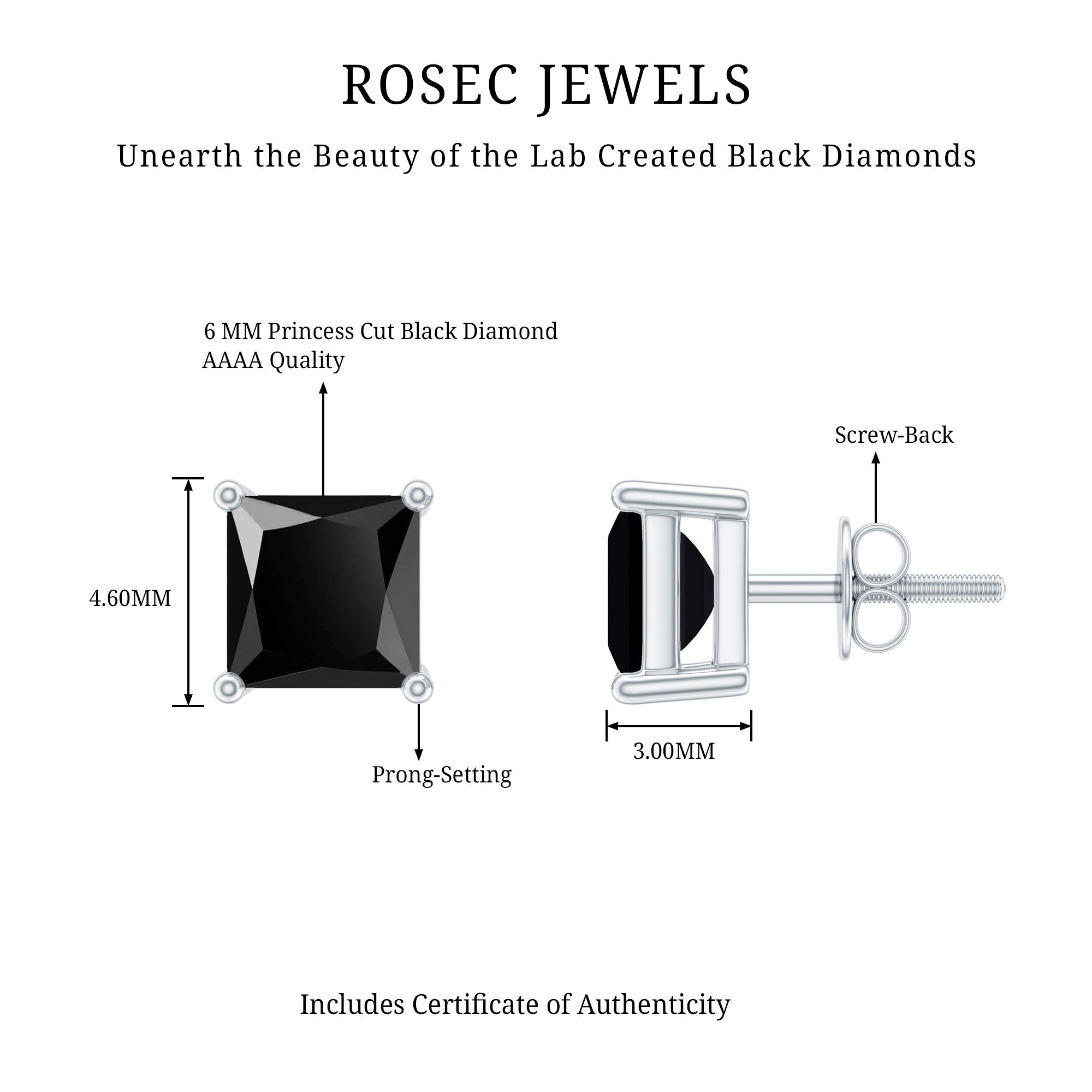 Princess Cut Lab Grown Black Diamond Solitaire Stud Earrings AAAA ( Synthetic ) - Rosec Jewels