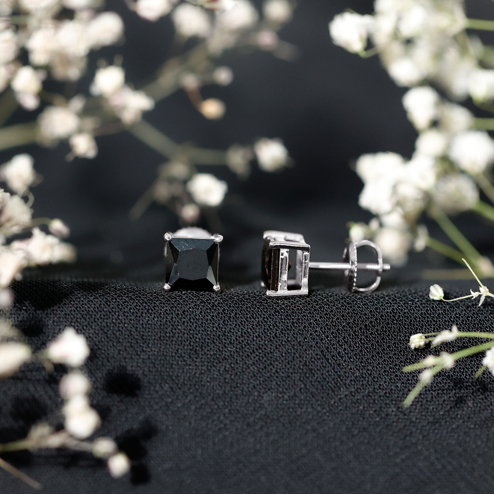 Princess Cut Lab Grown Black Diamond Solitaire Stud Earrings AAAA ( Synthetic ) - Rosec Jewels