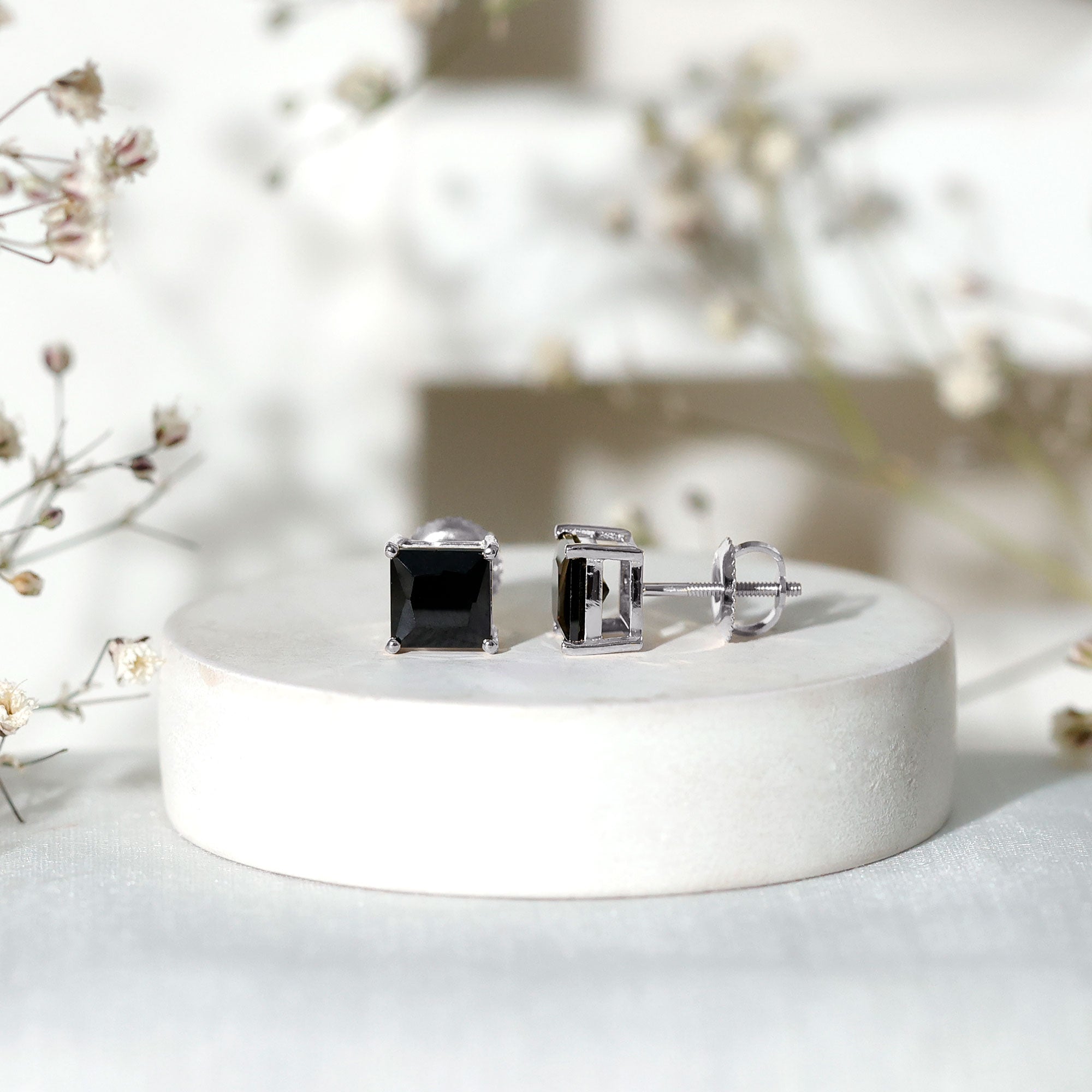 Princess Cut Lab Grown Black Diamond Solitaire Stud Earrings AAAA ( Synthetic ) - Rosec Jewels