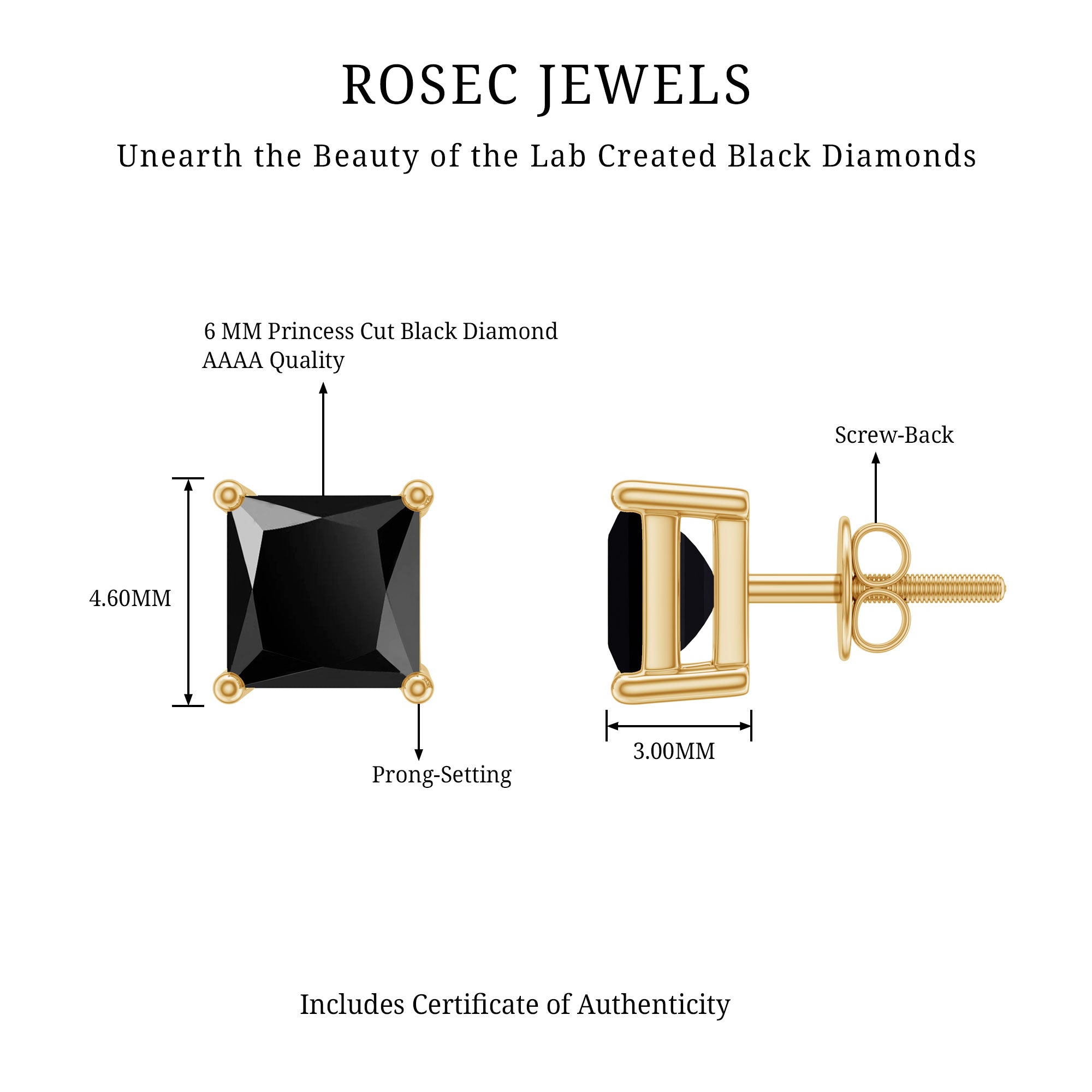 Princess Cut Lab Grown Black Diamond Solitaire Stud Earrings AAAA ( Synthetic ) - Rosec Jewels
