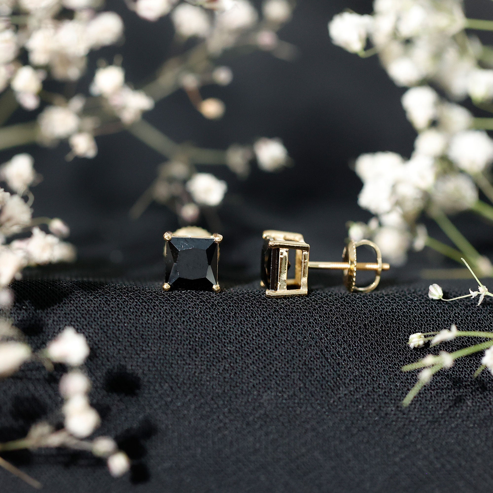 Princess Cut Lab Grown Black Diamond Solitaire Stud Earrings AAAA ( Synthetic ) - Rosec Jewels