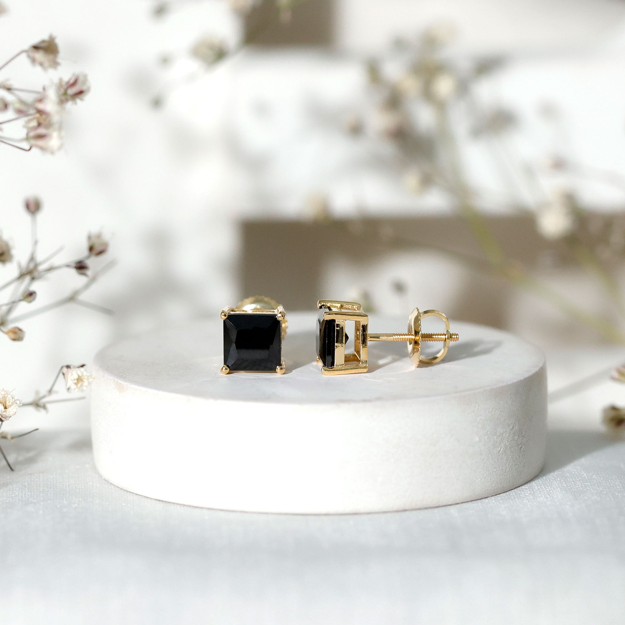 Princess Cut Lab Grown Black Diamond Solitaire Stud Earrings AAAA ( Synthetic ) - Rosec Jewels