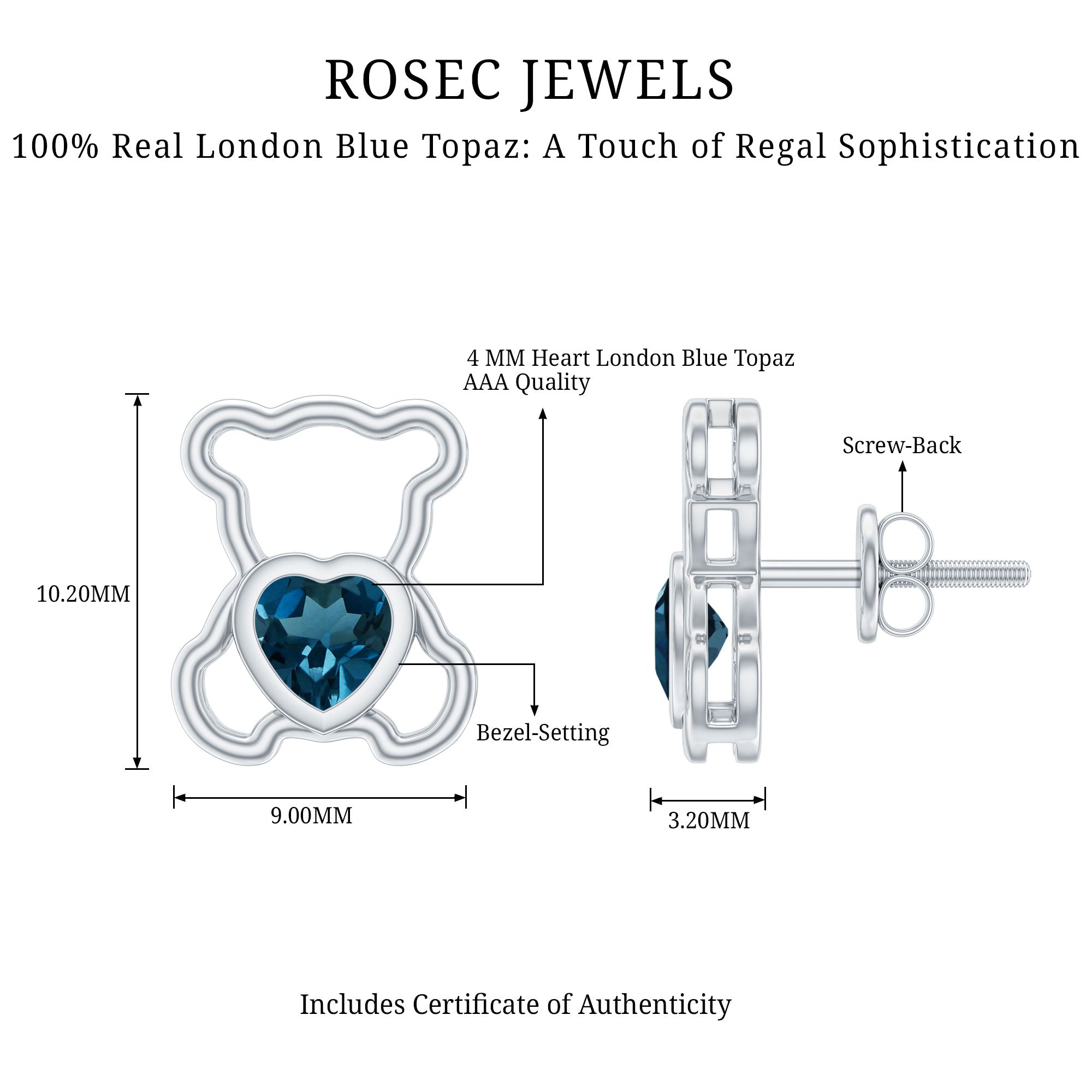 1/2 CT Heart Shape London Blue Topaz Teddy Bear Earrings AAA - Rosec Jewels
