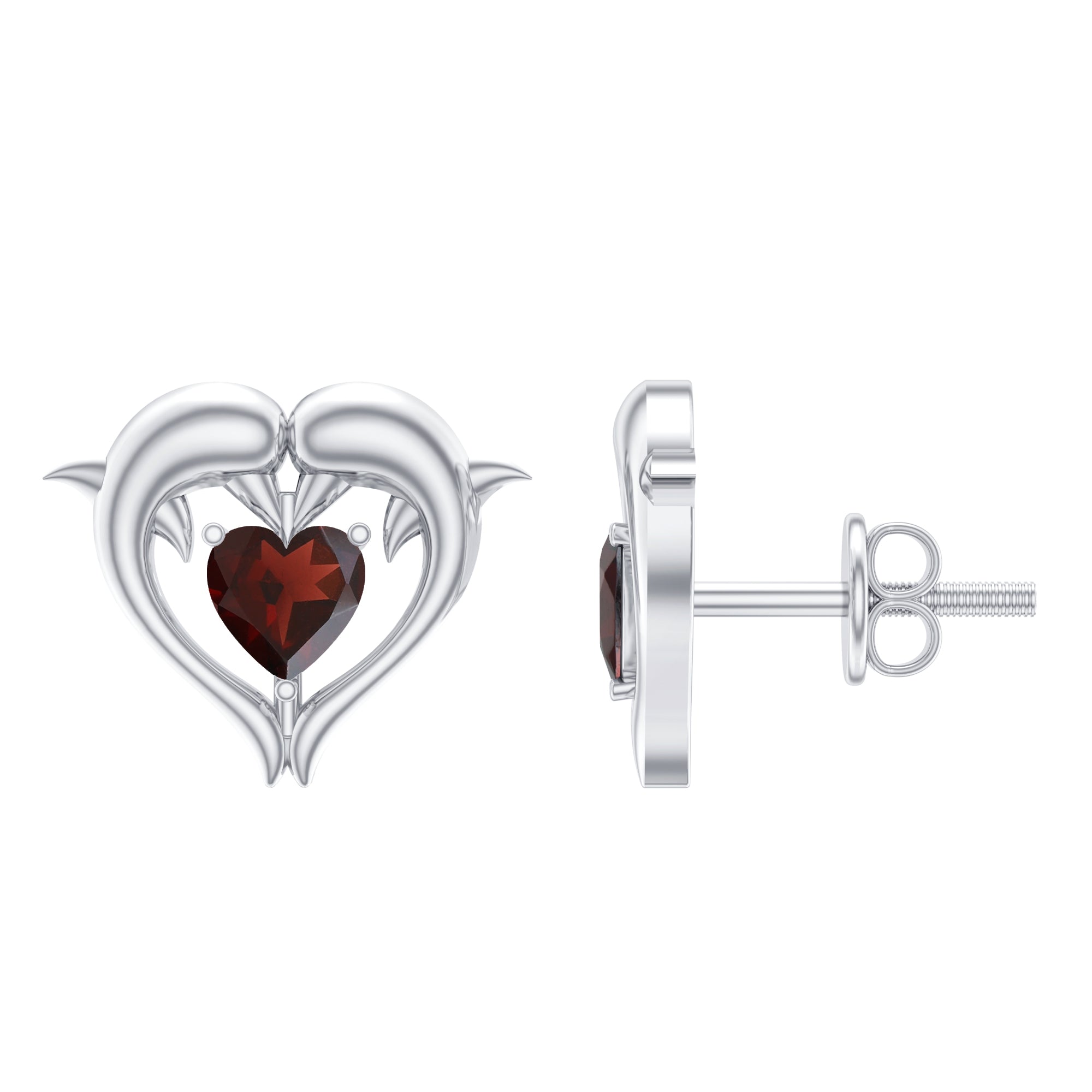 Heart Shape Garnet Kissing Dolphin Stud Earrings AAA - Rosec Jewels