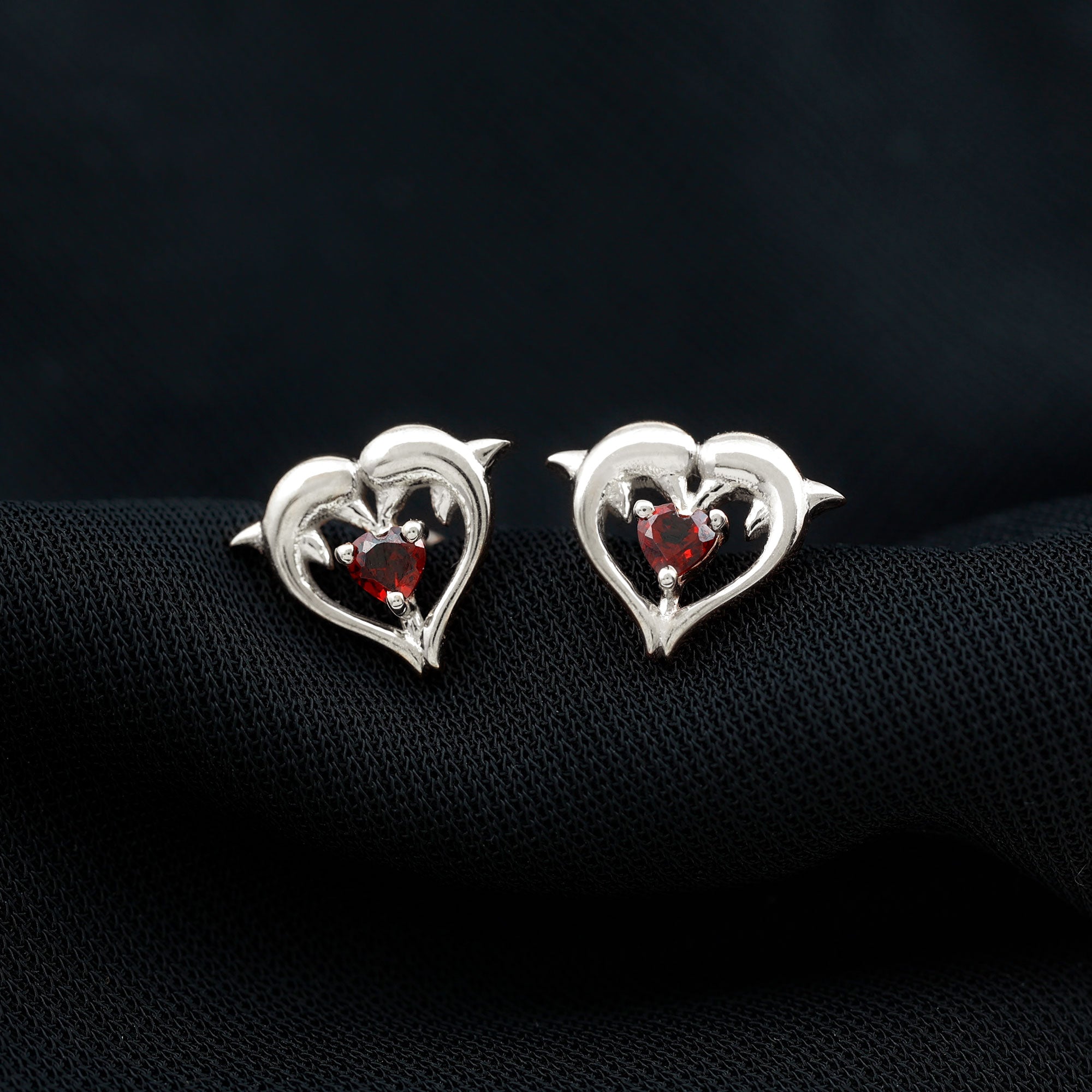 Heart Shape Garnet Kissing Dolphin Stud Earrings AAA - Rosec Jewels
