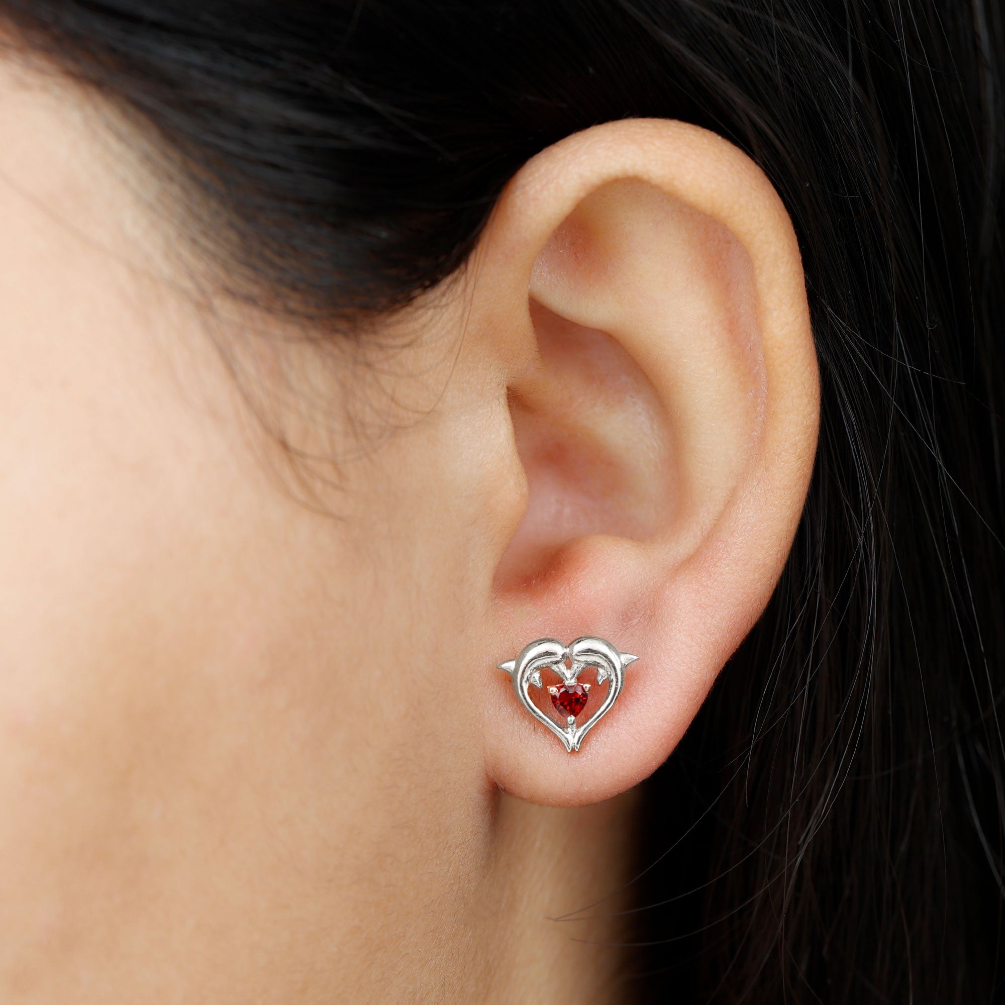 Heart Shape Garnet Kissing Dolphin Stud Earrings AAA - Rosec Jewels