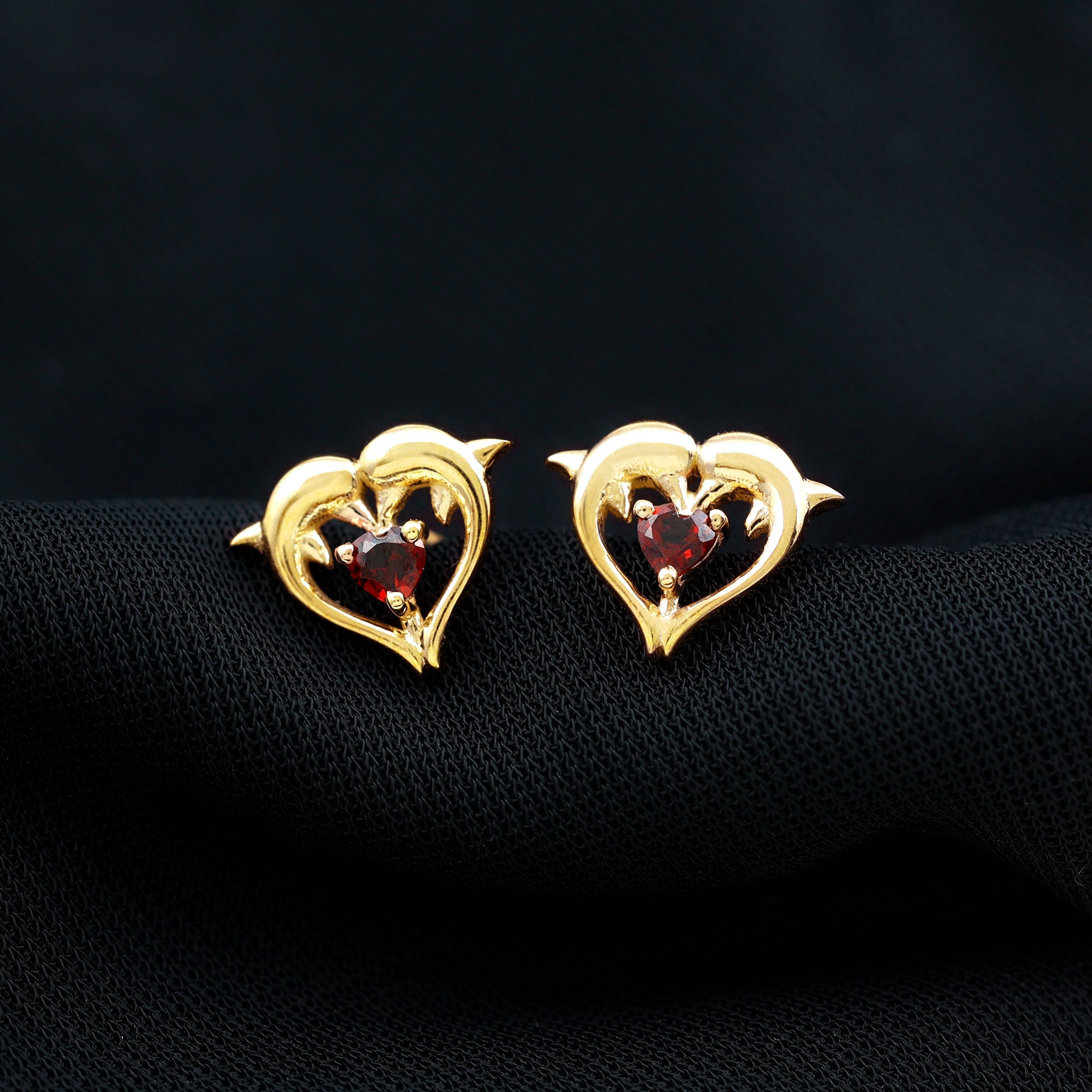 Heart Shape Garnet Kissing Dolphin Stud Earrings AAA - Rosec Jewels