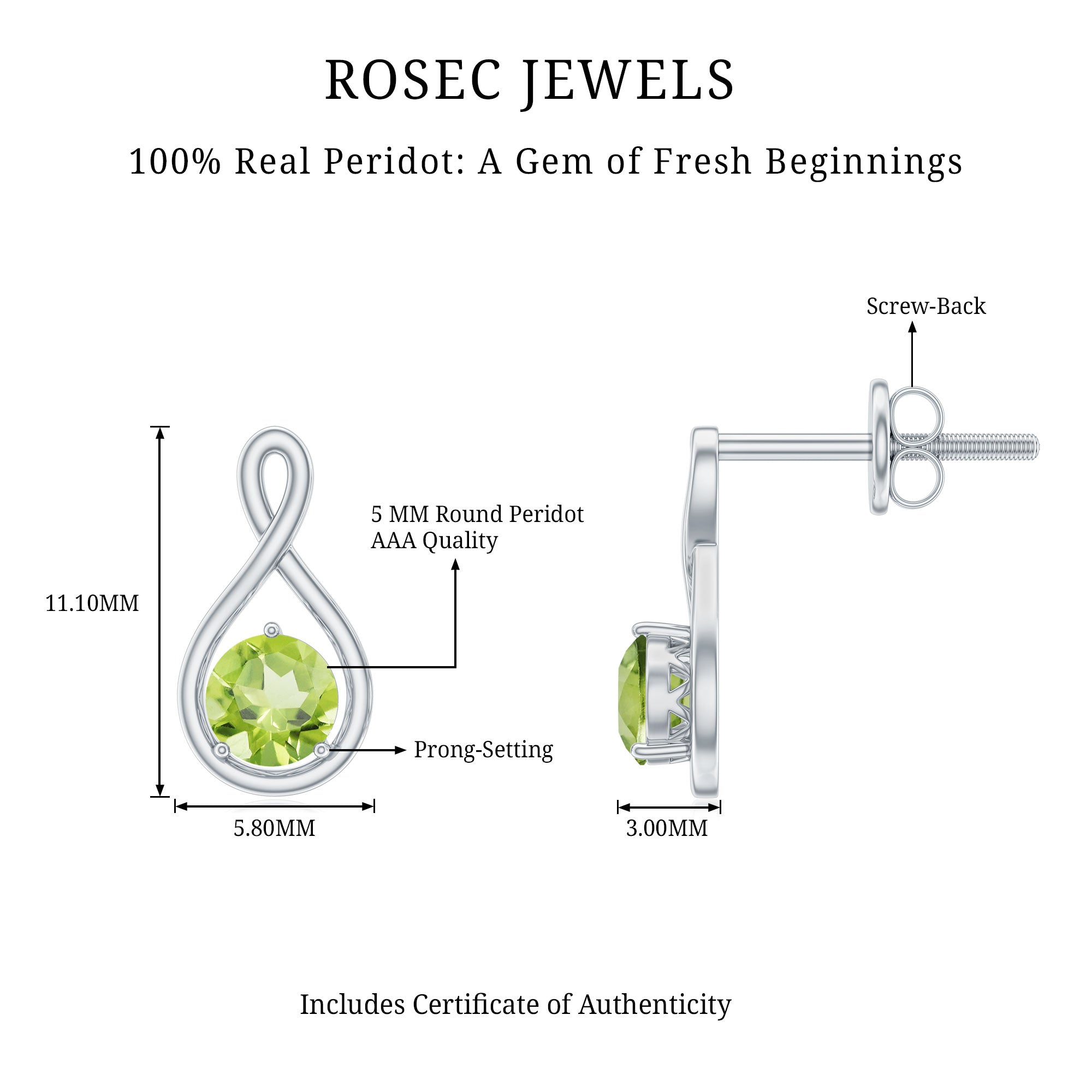 1 Carat Solitaire Peridot Infinity Stud Earrings AAA - Rosec Jewels