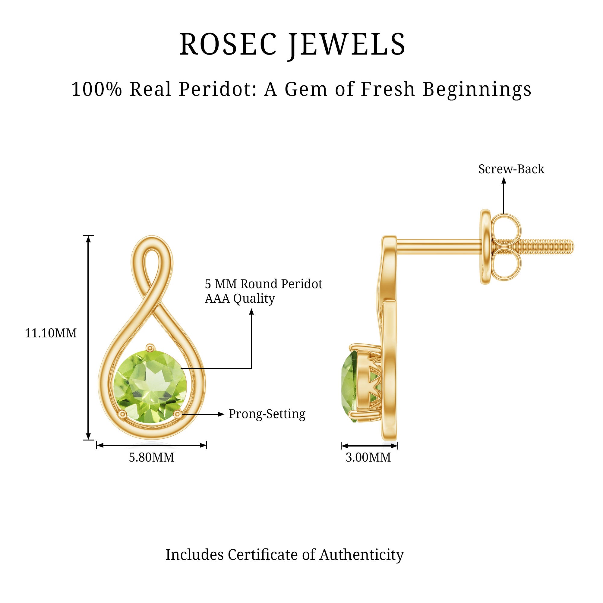 1 Carat Solitaire Peridot Infinity Stud Earrings AAA - Rosec Jewels