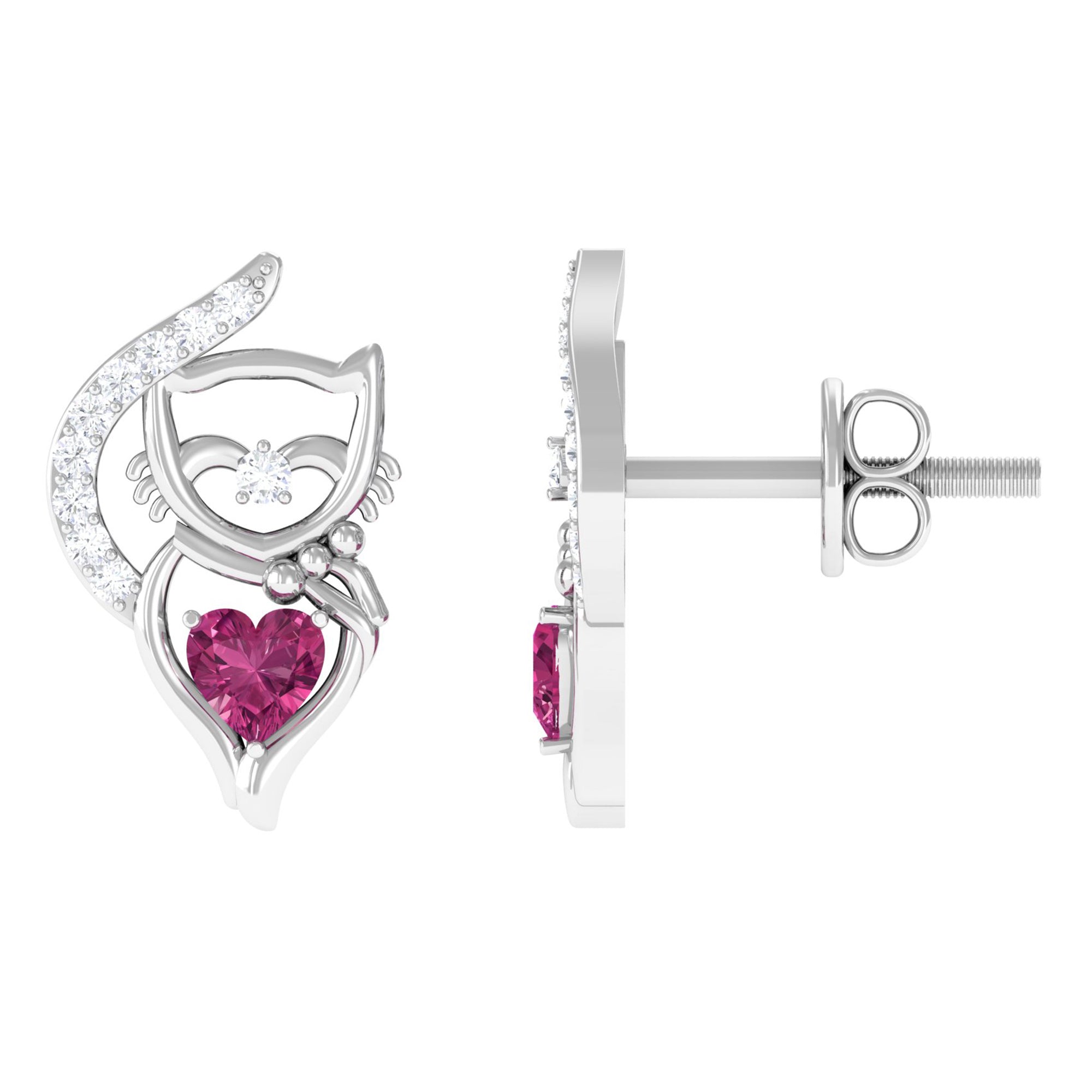 Heart Shape Pink Tourmaline and Diamond Cat Stud Earring AAA - Rosec Jewels