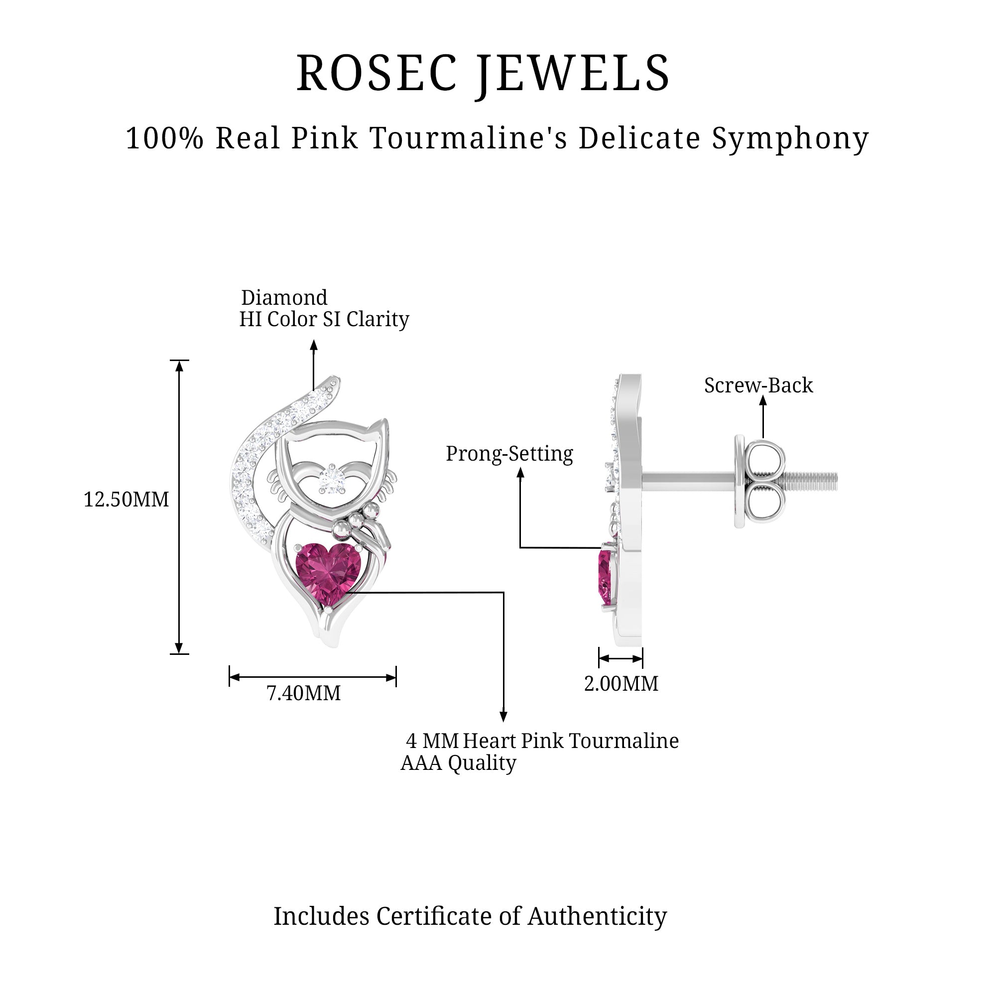 Heart Shape Pink Tourmaline and Diamond Cat Stud Earring AAA - Rosec Jewels