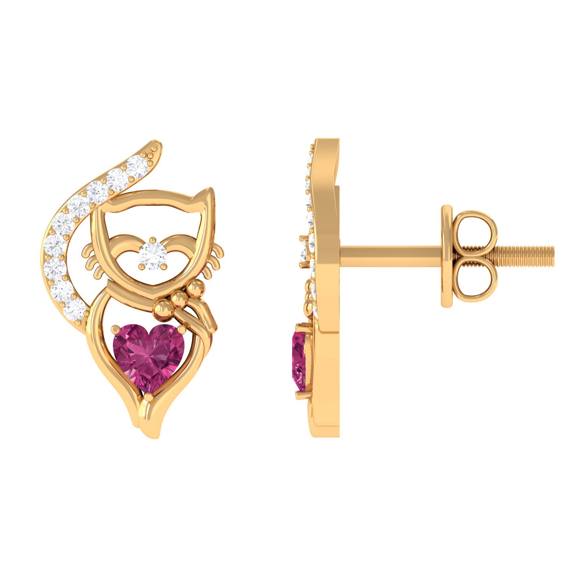 Heart Shape Pink Tourmaline and Diamond Cat Stud Earring AAA - Rosec Jewels