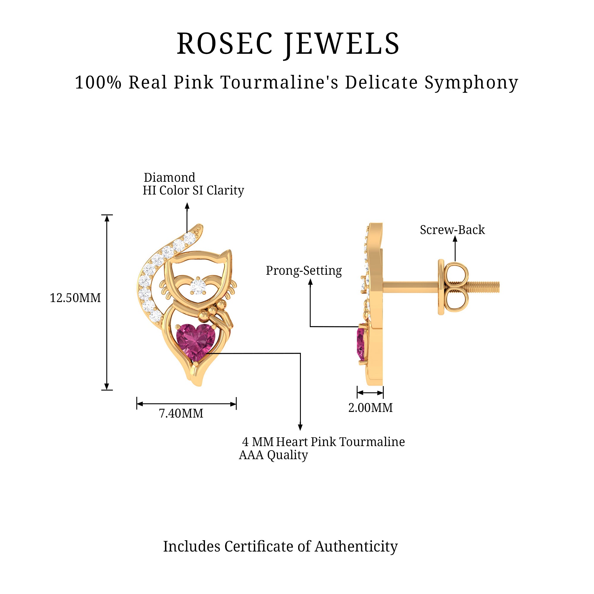 Heart Shape Pink Tourmaline and Diamond Cat Stud Earring AAA - Rosec Jewels