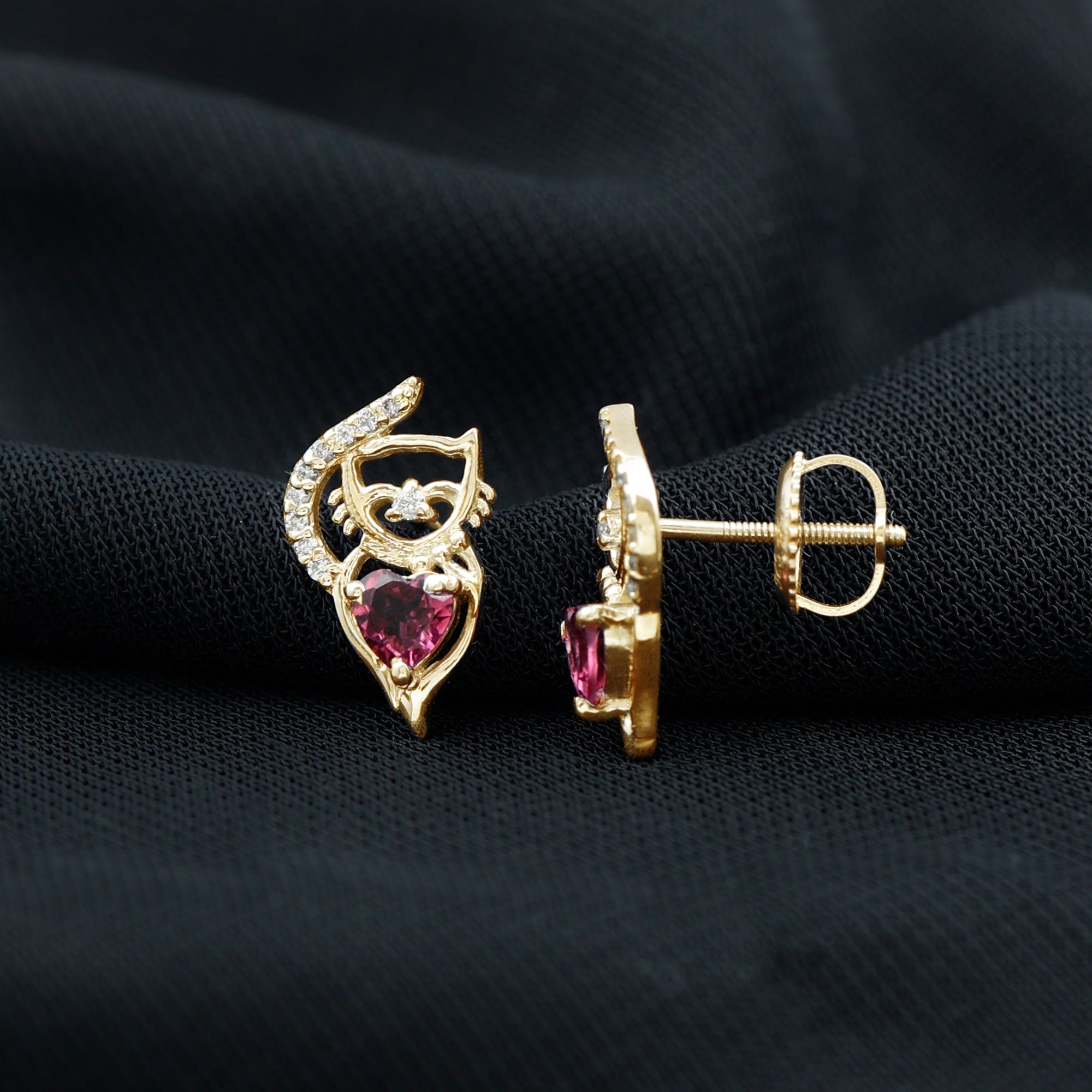 Heart Shape Pink Tourmaline and Diamond Cat Stud Earring AAA - Rosec Jewels