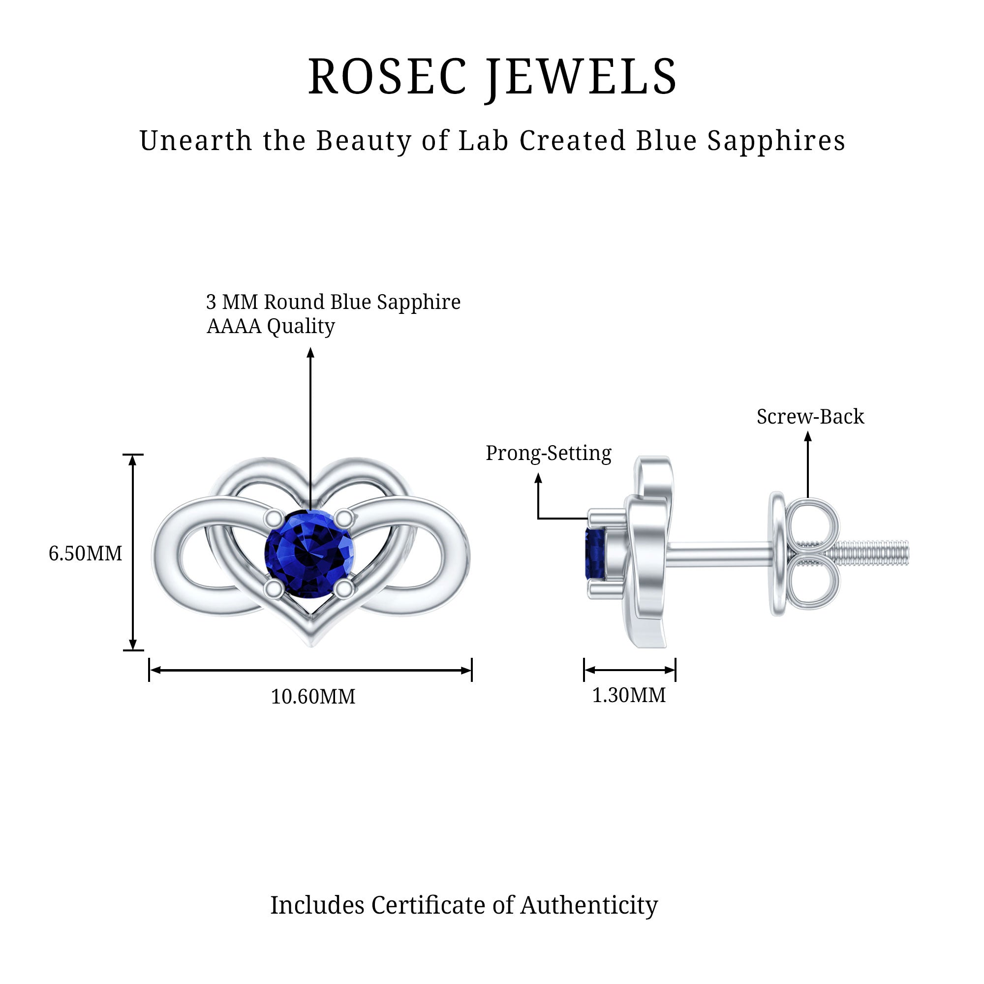 Lab Created Blue Sapphire Infinity Heart Stud Earrings AAAA - Rosec Jewels