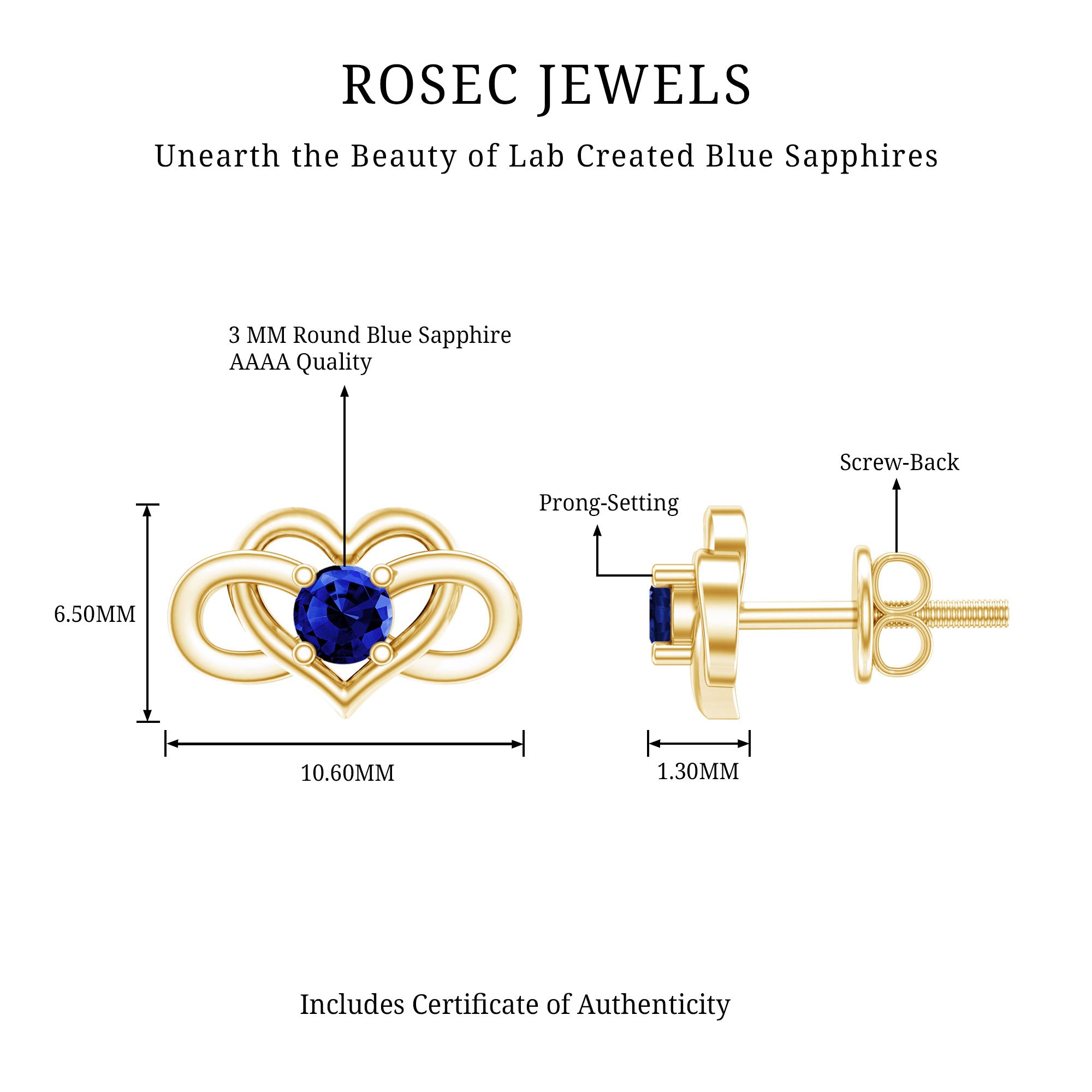 Lab Created Blue Sapphire Infinity Heart Stud Earrings AAAA - Rosec Jewels