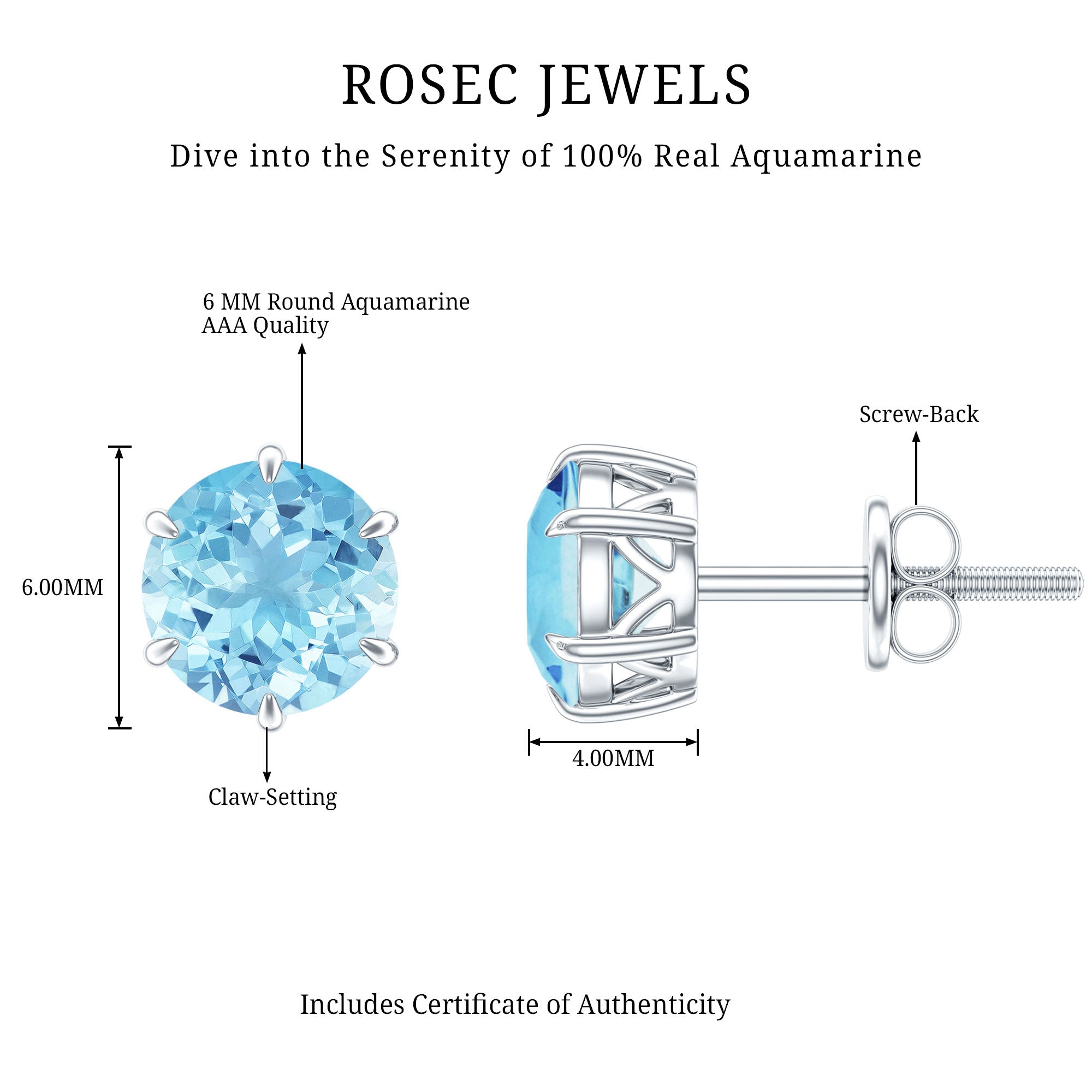 1.5 Carat Round Aquamarine Solitaire Stud Earrings AAA - Rosec Jewels