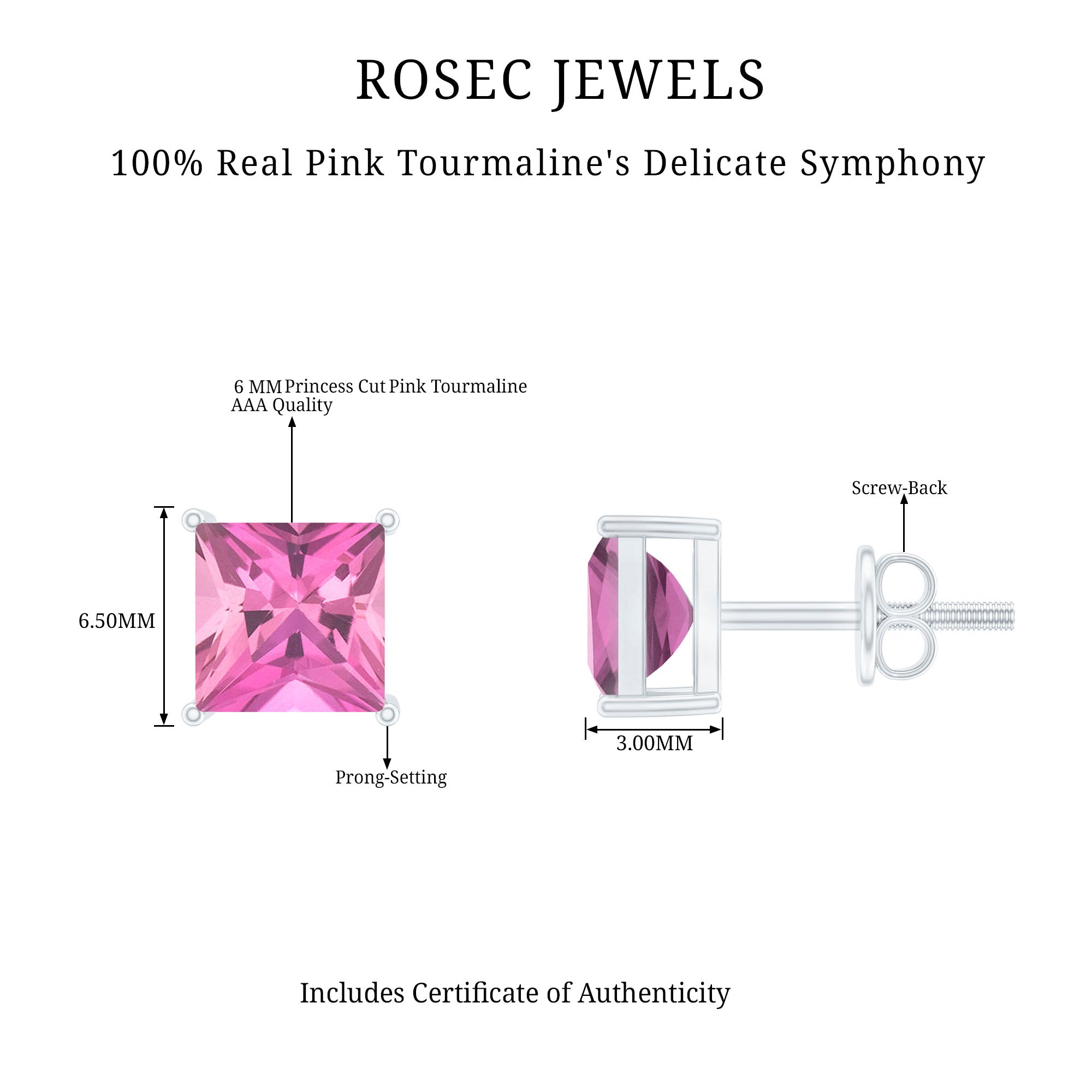 2 Carat Princess Cut Pink Tourmaline Stud Earrings with Screw Back AAA - Rosec Jewels