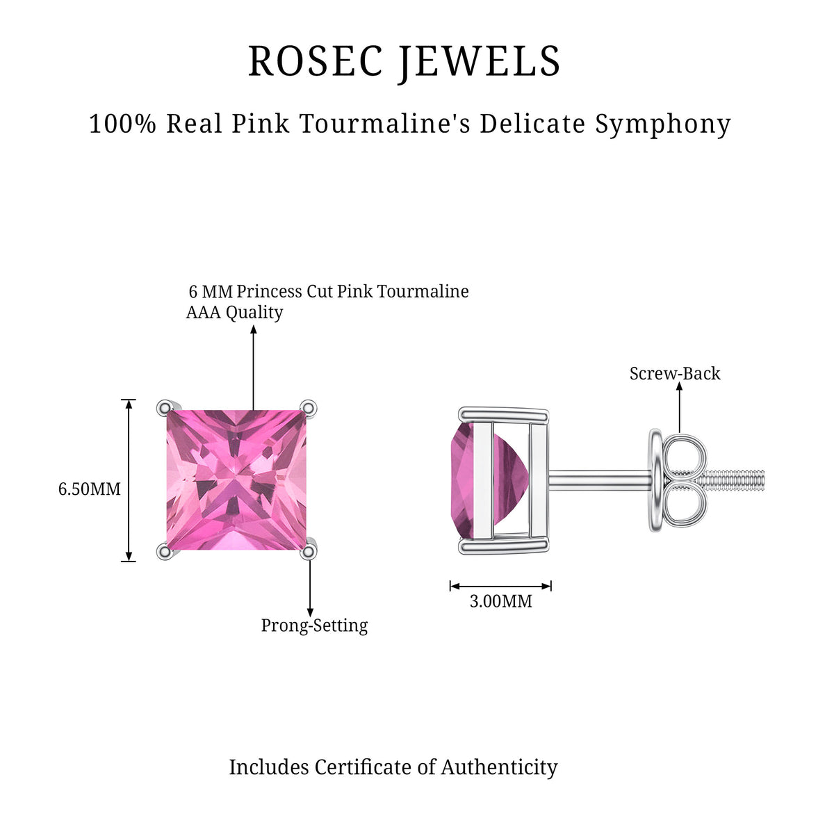 2 Carat Princess Cut Pink Tourmaline Stud Earrings with Screw Back AAA - Rosec Jewels