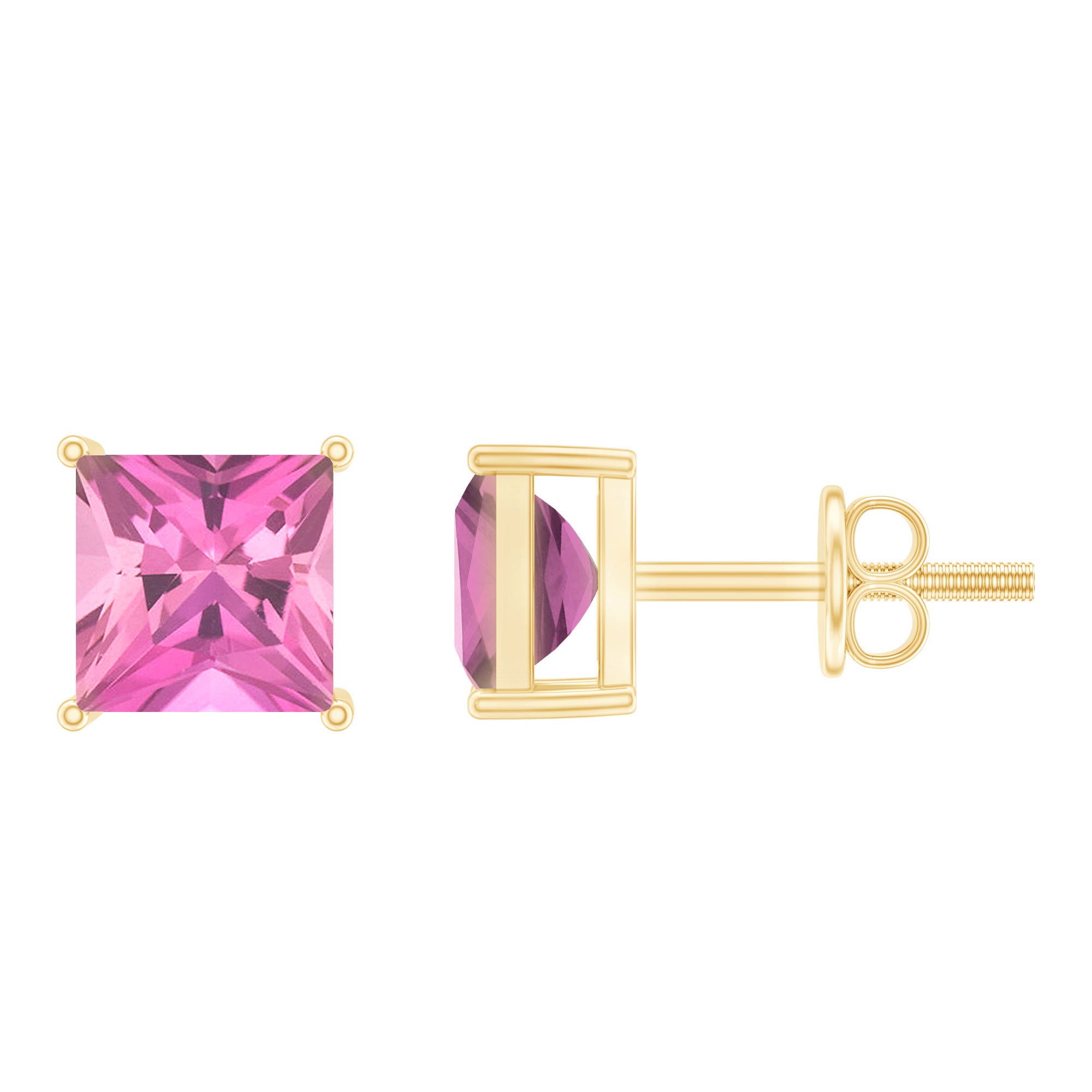 2 Carat Princess Cut Pink Tourmaline Stud Earrings with Screw Back AAA - Rosec Jewels