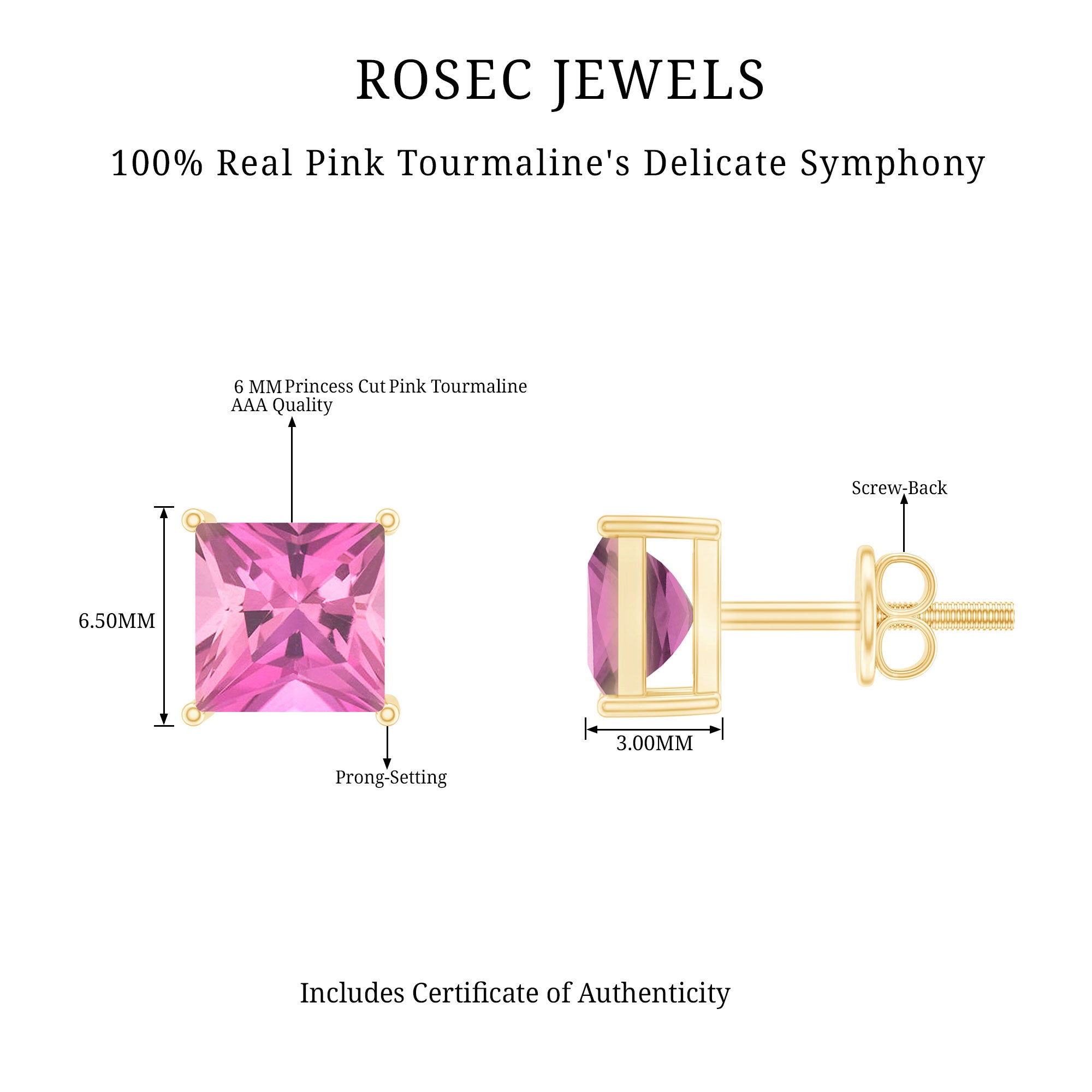 2 Carat Princess Cut Pink Tourmaline Stud Earrings with Screw Back AAA - Rosec Jewels