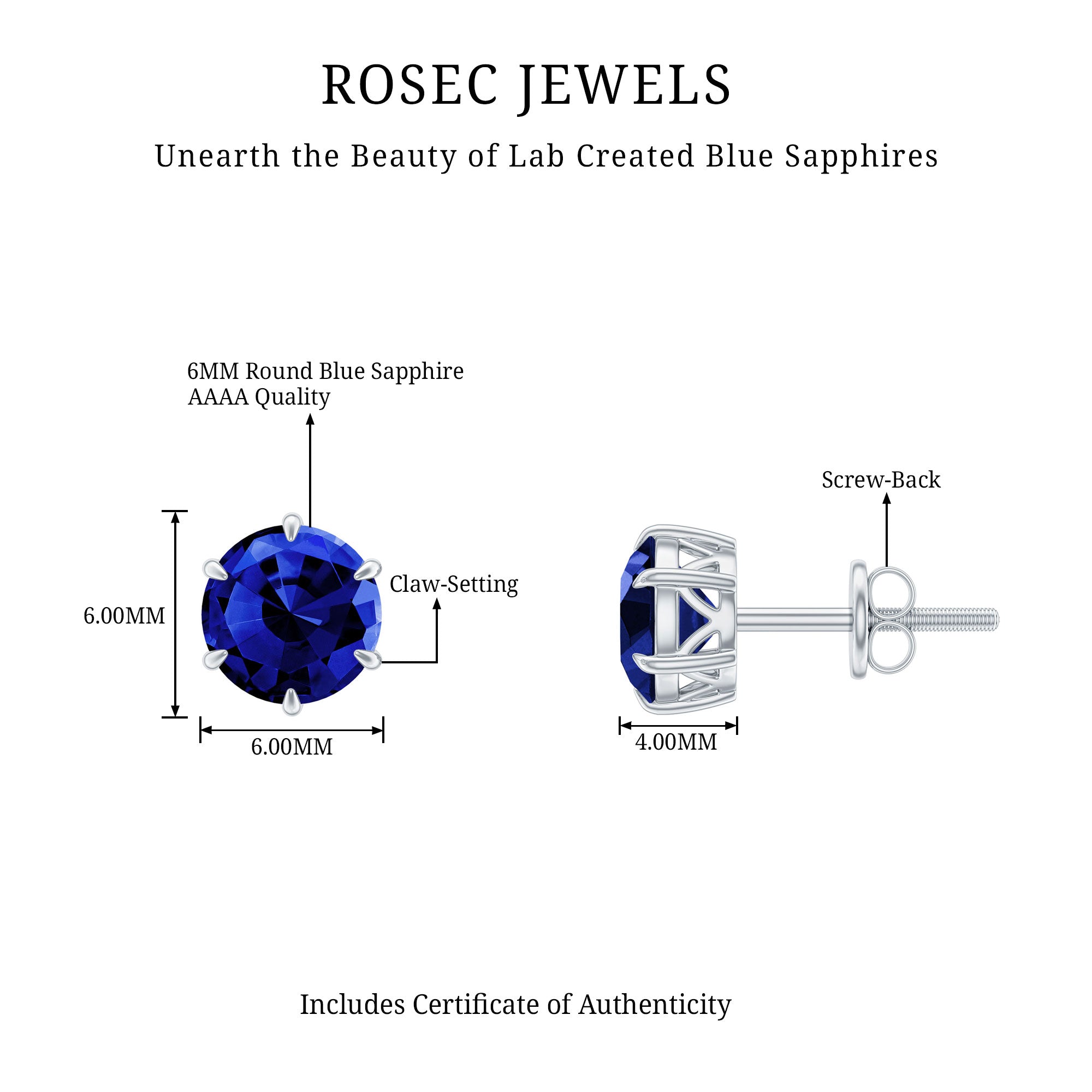 2 CT Lab Created Blue Sapphire Stud Earrings in 6 Prong Setting AAAA - Rosec Jewels