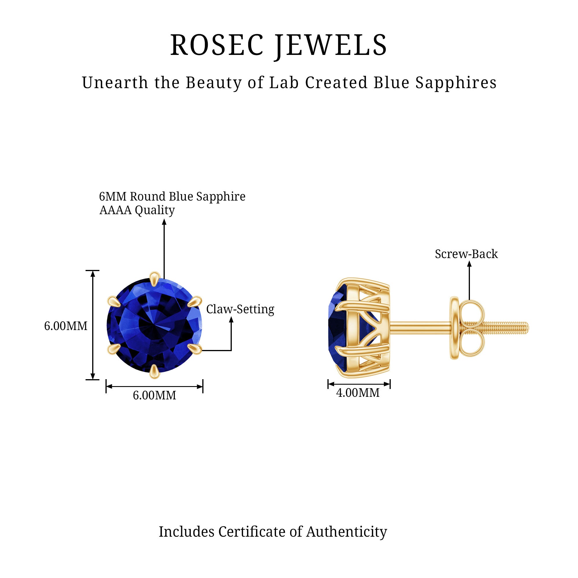 2 CT Lab Created Blue Sapphire Stud Earrings in 6 Prong Setting AAAA - Rosec Jewels