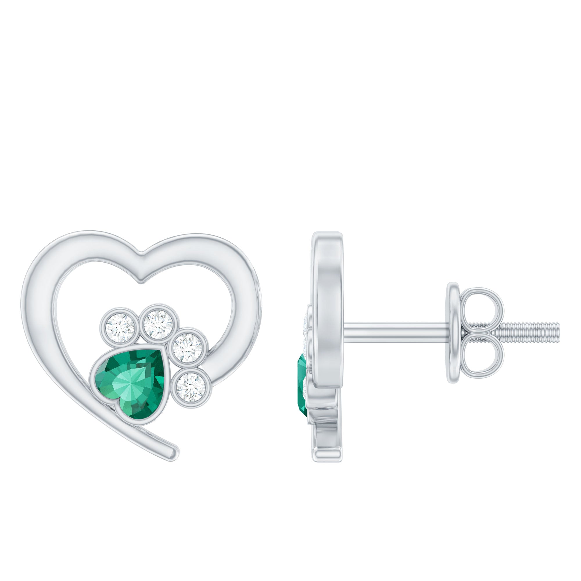 1/4 CT Created Emerald and Moissanite Heart Paw Stud Earrings