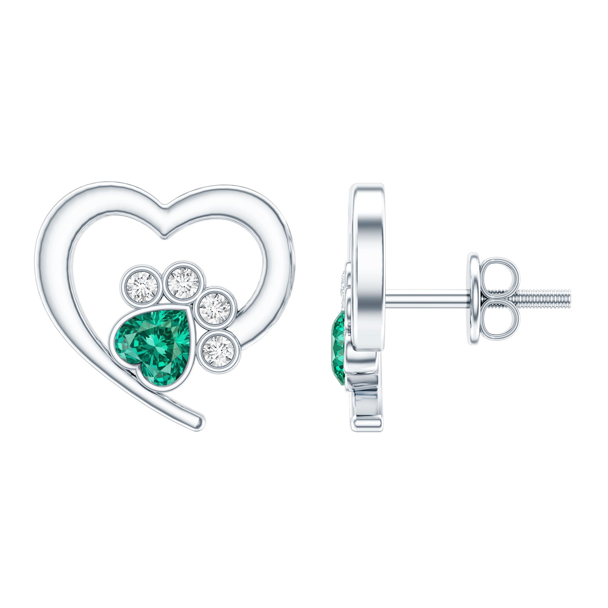 Lab Created Emerald and Moissanite Heart Paw Stud Earrings AAAA - Rosec Jewels