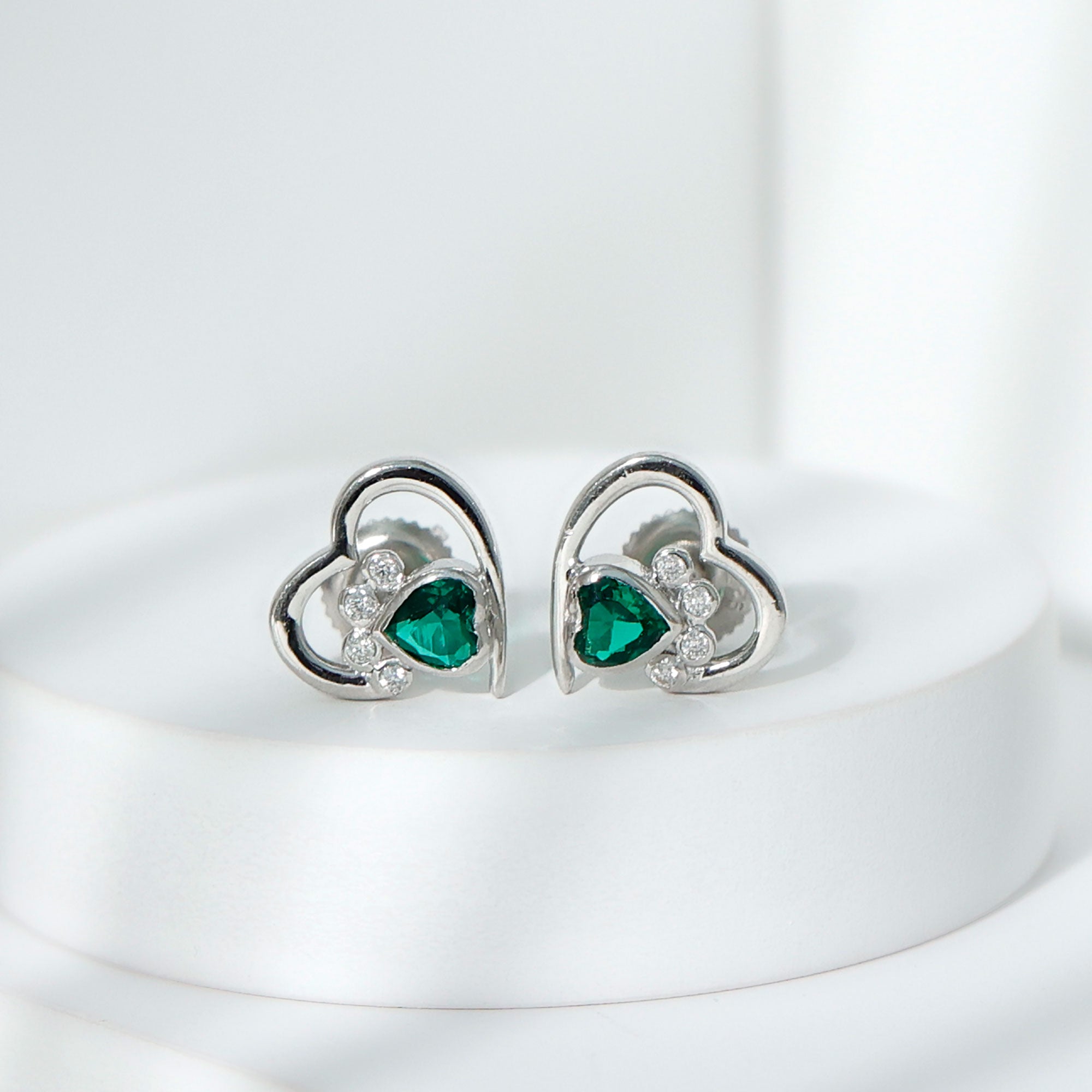 Lab Created Emerald and Moissanite Heart Paw Stud Earrings AAAA - Rosec Jewels