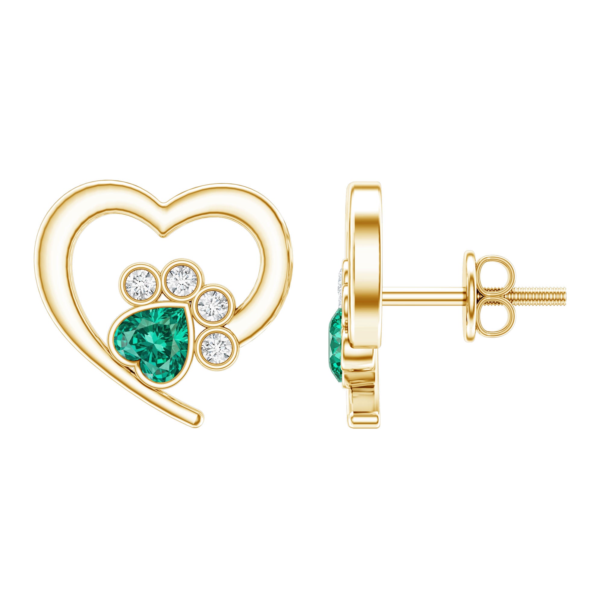 Lab Created Emerald and Moissanite Heart Paw Stud Earrings AAAA - Rosec Jewels