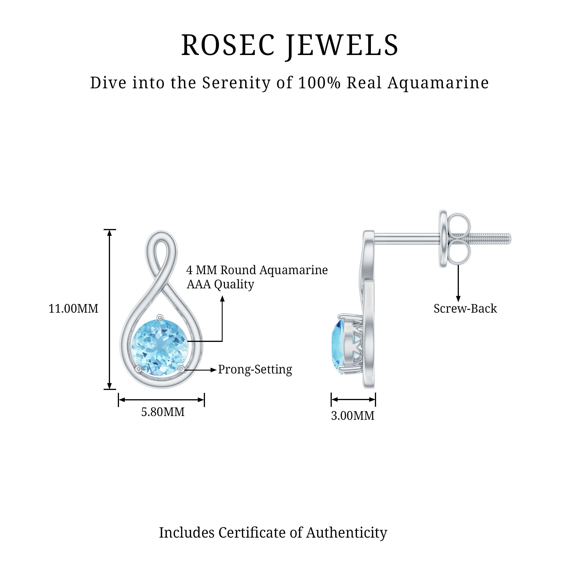 Genuine 0.5 Carat Aquamarine Infinity Stud Earrings AAA - Rosec Jewels