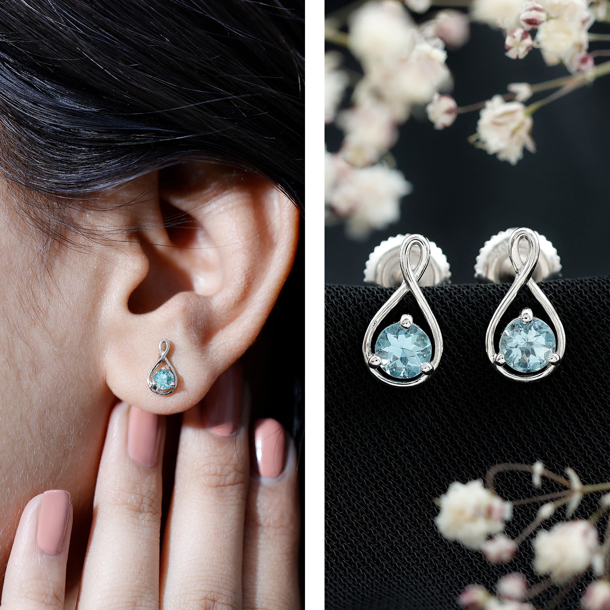 Genuine 0.5 Carat Aquamarine Infinity Stud Earrings AAA - Rosec Jewels
